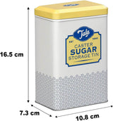 Caja de almacenamiento de metal con diseño retro de Tala Originals en amarillo y crema, puede contener una bolsa entera de azúcar en polvo