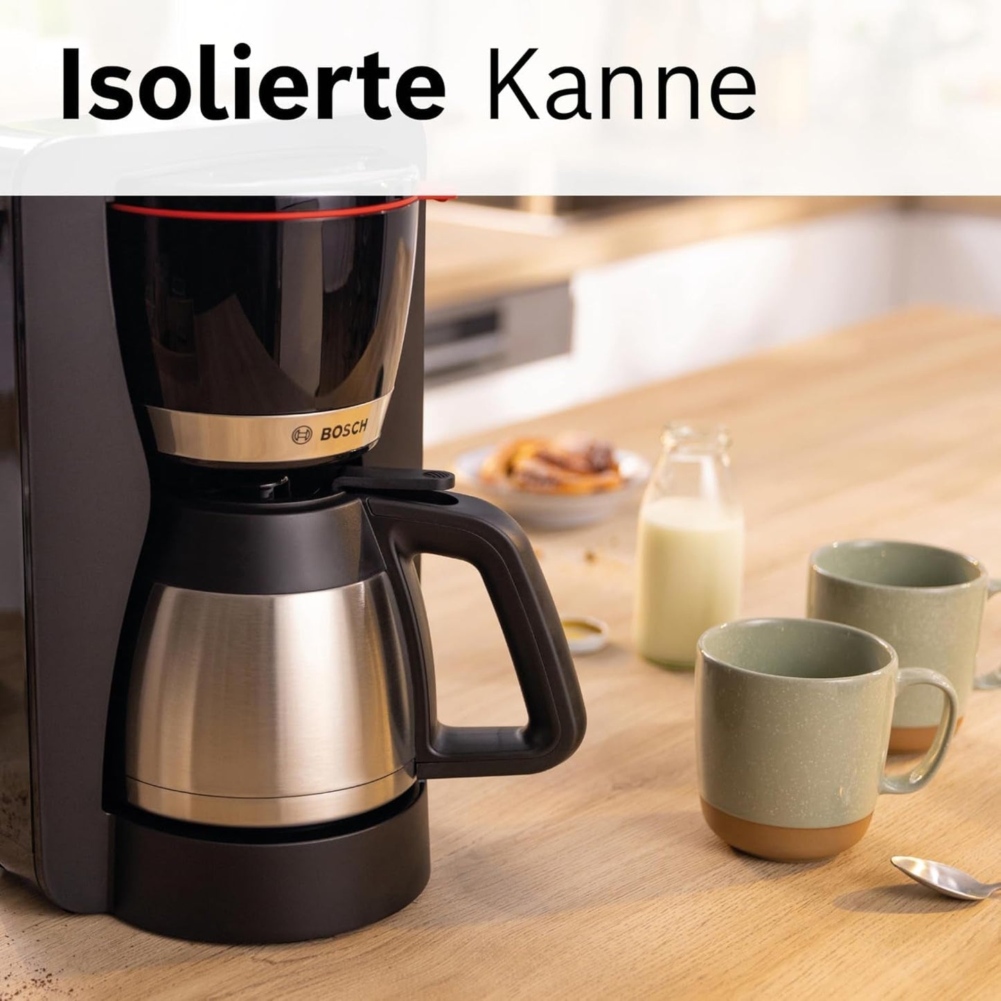 Bosch MyMoment TKA6M273 Cafetera espresso con filtro, jarra térmica de 1 litro, 8-12 tazas, sistema antigoteo, portafiltro giratorio, programa de descalcificación, depósito de agua extraíble, 1200 W, negro mate