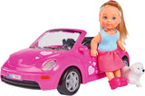 Simba 105731539 - Evi Love Beetle Evi's, Evi con coche, coche: 22 cm, con perro, muñeca de moda, 12 cm, para niños a partir de 3 años