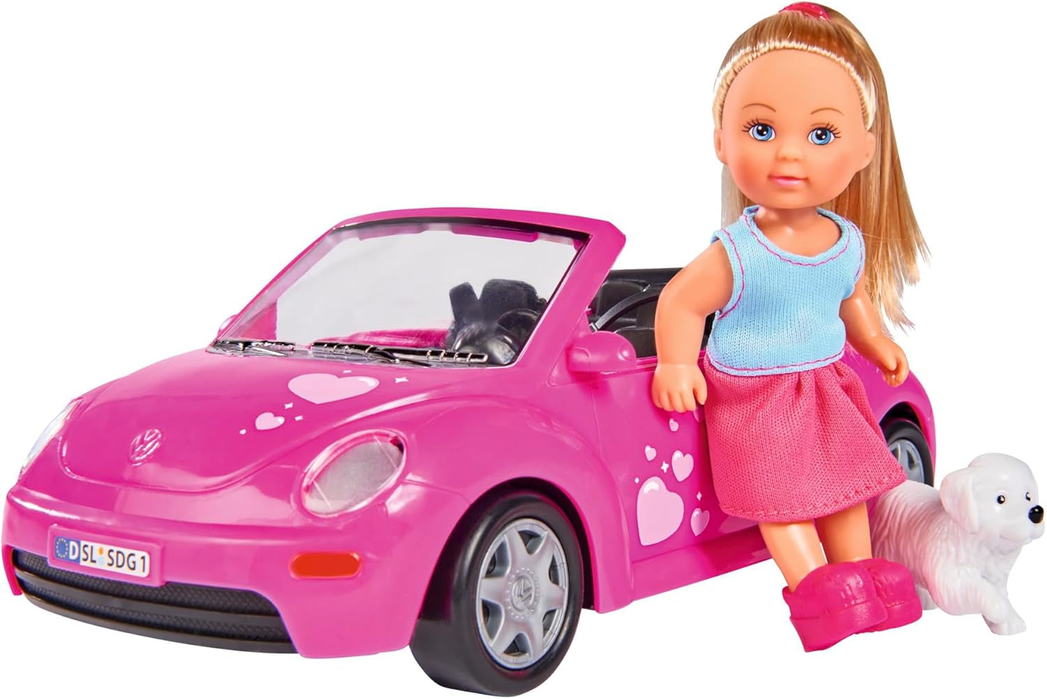 Simba 105731539 - Evi Love Beetle Evi's, Evi con coche, coche: 22 cm, con perro, muñeca de moda, 12 cm, para niños a partir de 3 años