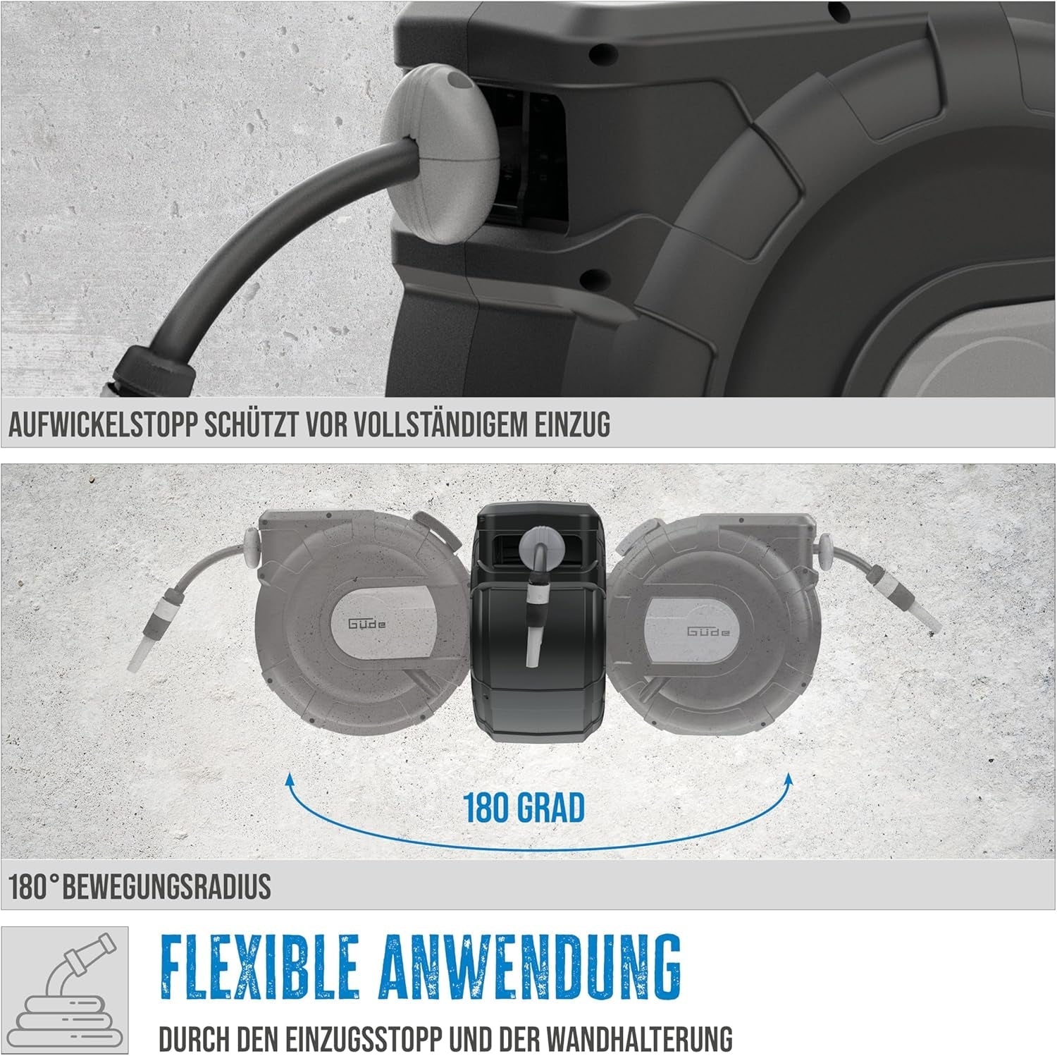 Enrollador de manguera automático Güde 30-2-2 1/2 (rotación 180°, para montaje en pared, manguera de 30 m, rociador de agua, soporte de pared, retracción automática, tope de retracción, asa de transporte, 2 enchufes rápidos)