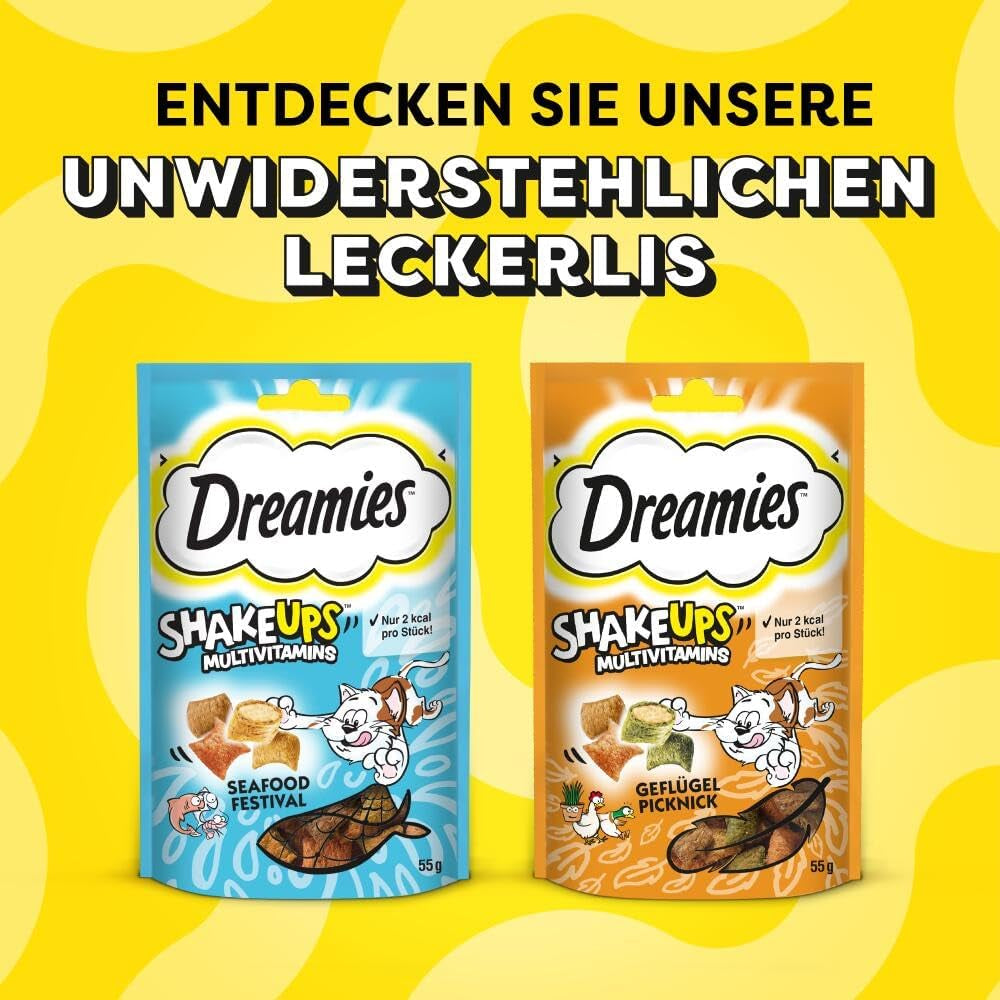 DREAMIES SHAKE UPS Golosinas multivitamínicas para gatos Seafood Festival en sobres en porciones - 55 g (6 sobres)
