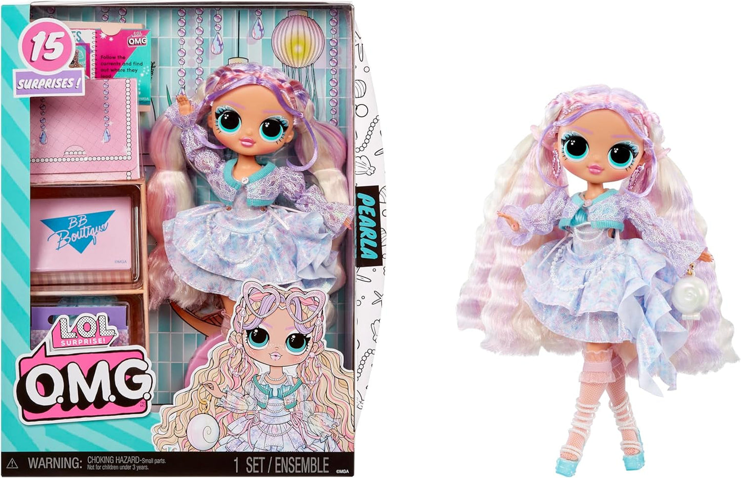 Jajaja ¡Sorpresa! Muñeca de moda OMG Pearla con 15 sorpresas - Muñeca con atuendo estilo sirena y accesorios - Para edades de 4 años en adelante