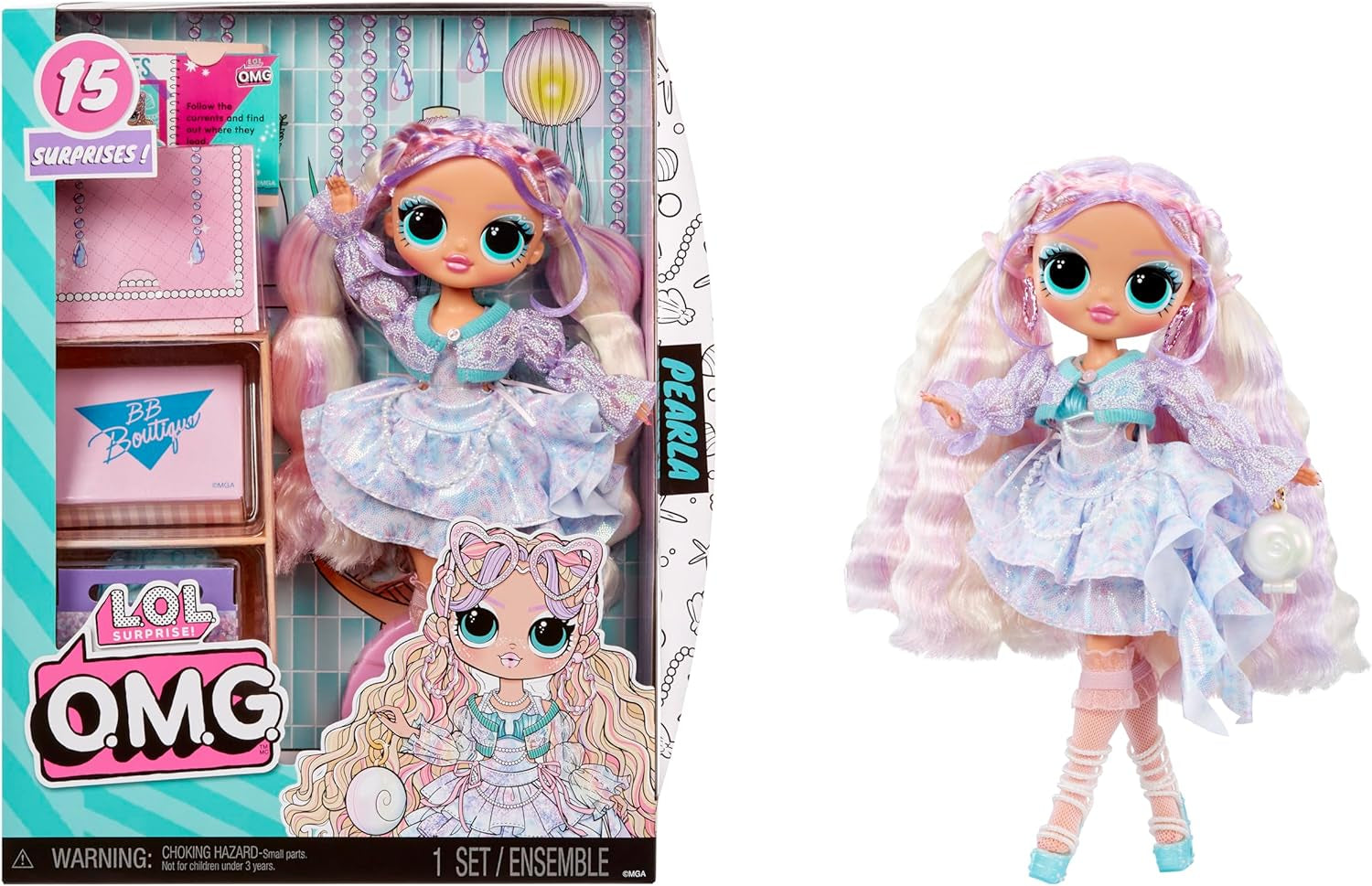 Jajaja ¡Sorpresa! Muñeca de moda OMG Pearla con 15 sorpresas - Muñeca con atuendo estilo sirena y accesorios - Para edades de 4 años en adelante