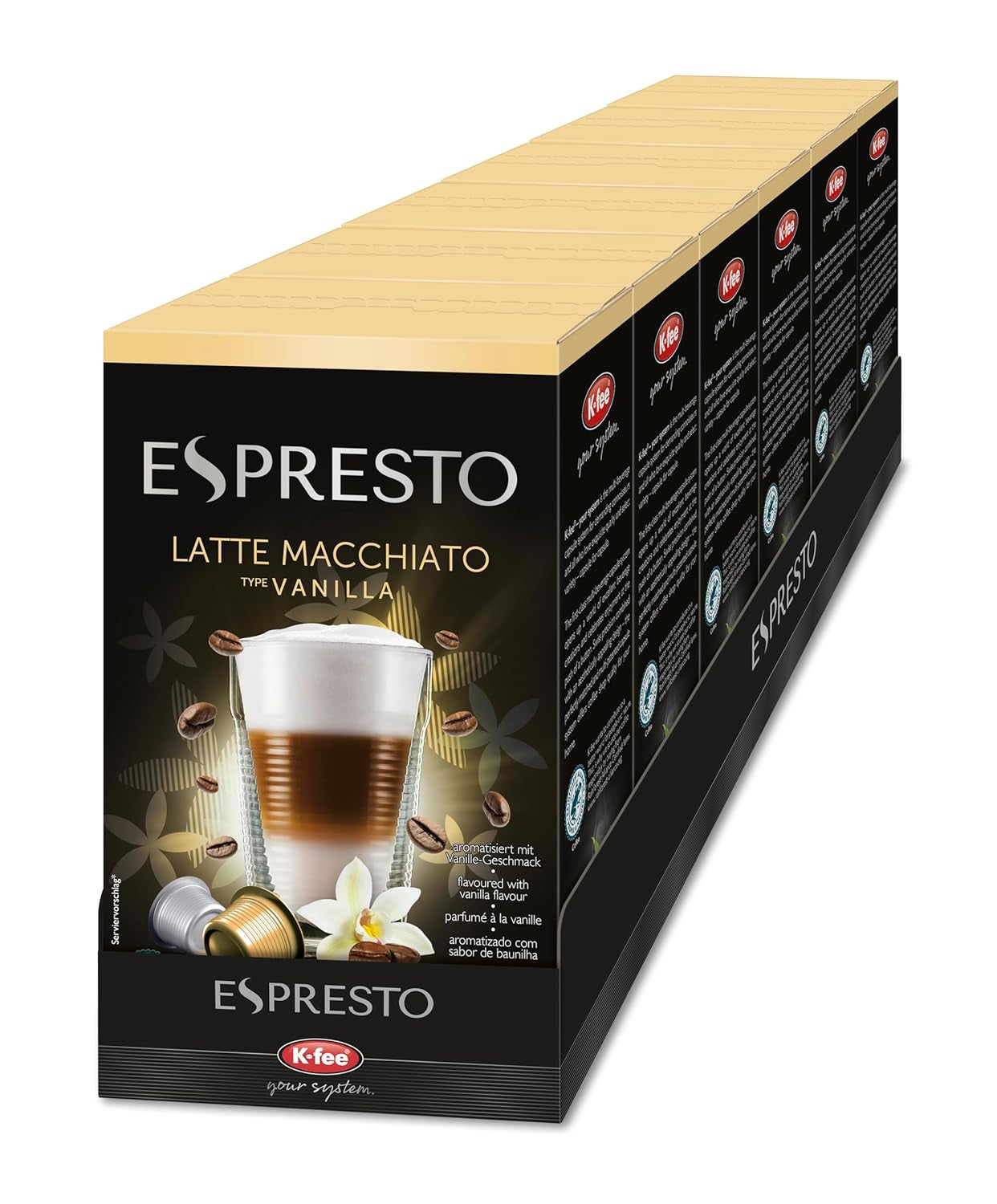 ESPRESTO Latte Macchiato Tipo Vainilla, compatible con K-fee y ALDI EXPRESSI*, certificado RFA, dulce y armonioso, 48 cápsulas de café y 48 cápsulas de leche