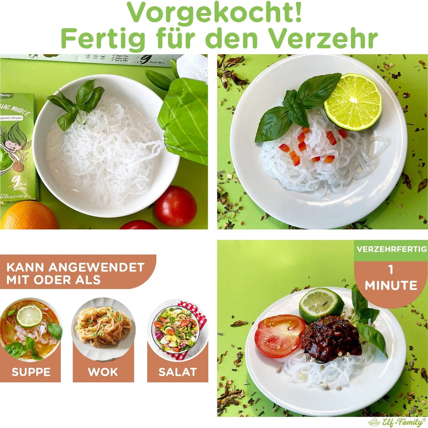 Elf-Family Caja de 270 g x 6 unidades (paquete de 12) Bio Konjak Nudeln Ultra Low Carb Shirataki Nudeln Vegan Glutenfrei-Instant Nudeln ohne kohlenhidrato/Keto/Kalorienarme/Fettfrei/Zuckerfrei -Spaghetti MHD: 11/12/2026