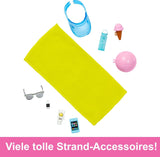 Barbie Ken - Muñeca rubia con camisa azul y delantal de baño, accesorios de playa y pelota de playa para juegos creativos, a partir de 3 años, HPL74