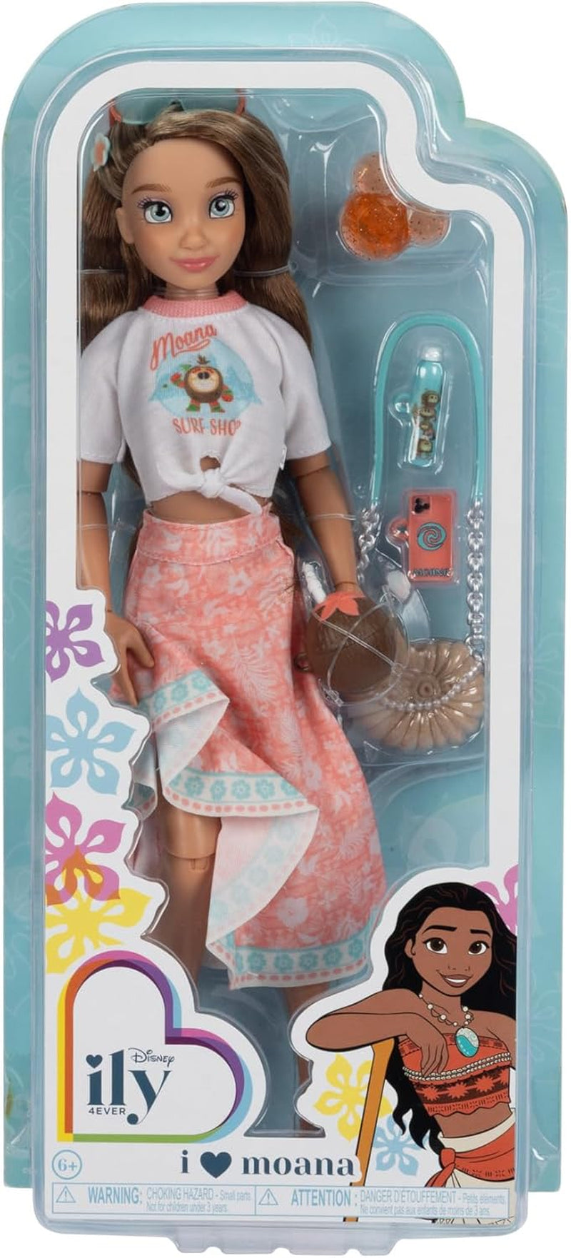 Muñeca Vaiana con accesorios, 29cm, 13 puntos de articulación, licencia oficial de Jakks Pacific. ¡Completo con accesorios combinables y un brillante anillo de Mickey!