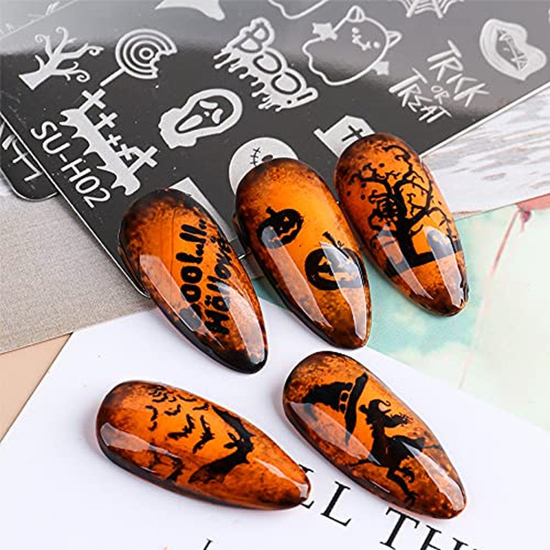 JMEOWIO Plantillas para estampación de uñas Halloween 6 Piezas Plantillas de Plantillas para decoración de uñas Diseño de uñas Zubehör Böse Gruselige Kürbis-Geisterhexe