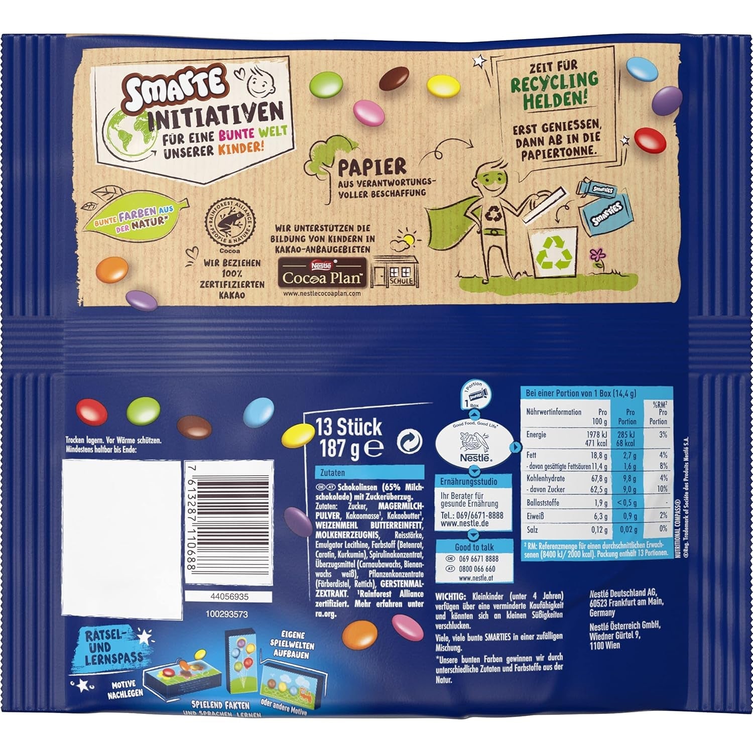Nestlé SMARTIES Mini lentejas pequeñas envueltas individualmente con chocolate con leche, paquete de 3 (1 x 187 g)