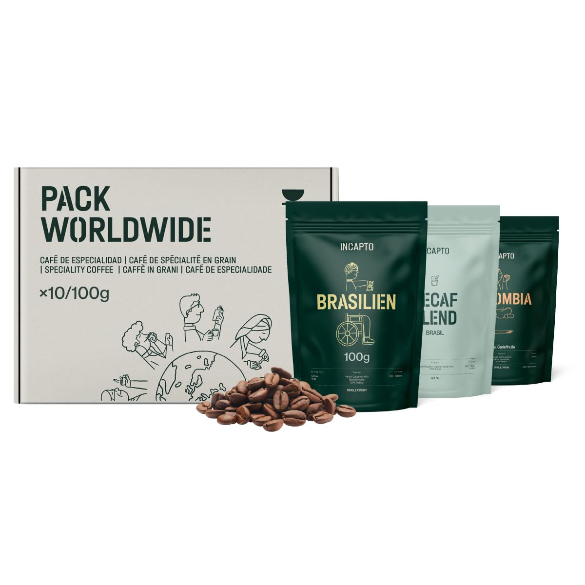 Selección de granos de café Incapto a nivel mundial | Selección de 10 orígenes de todo el mundo | Café de especialidad | 100% Arábica | Ideal como set de regalo de café | Para los amantes del café | 10 paquetes x 100g