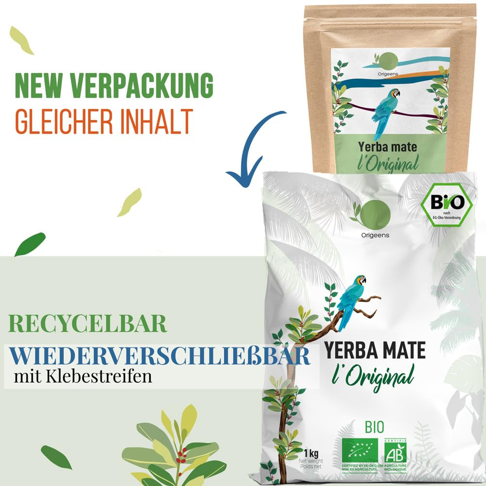 ORIGEENS BIO YERBA MATE TÉ 1 KG - El Original I Sin tostar, hojas, sin tallos, polvo ni migas I Bebida energizante y desintoxicante