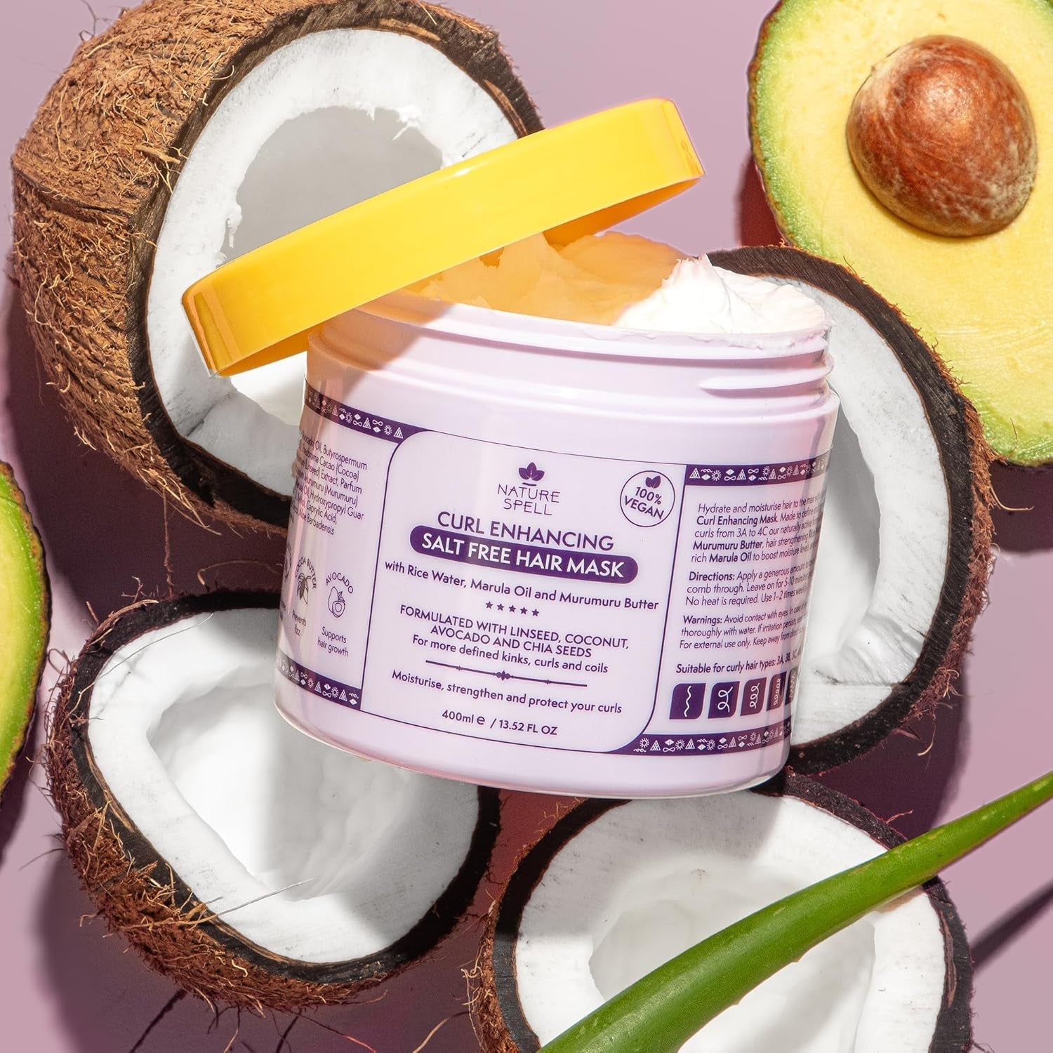 Mascarilla Capilar para Cabello Rizado de Nature Spell 400ml - Enriquecida con Agua de Arroz y Semillas de Lino, para Todo Tipo de Rizos, Sin Sulfatos Naty Shop Mascarilla Capilar