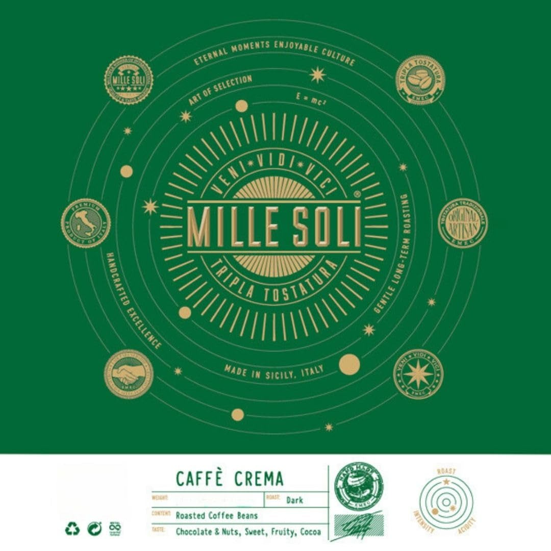 Caffè Crema - Café en grano tostado en Sicilia - Proceso tradicional de tueste largo con crema perfecta, bolsa de 250 g, acidez extra baja para máquinas totalmente automáticas y portafiltro