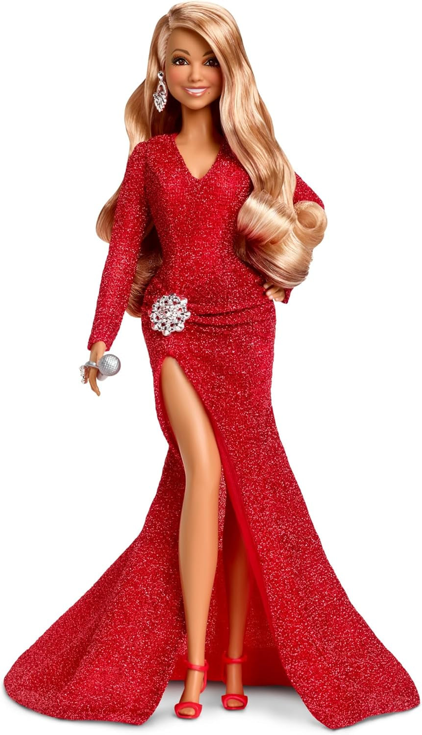 Barbie Mariah Carey - Muñeca coleccionable con vestido rojo brillante, volantes, abertura, rizos encantadores, accesorios plateados, tacones altos rojos, tradición navideña, decoración, HJX17