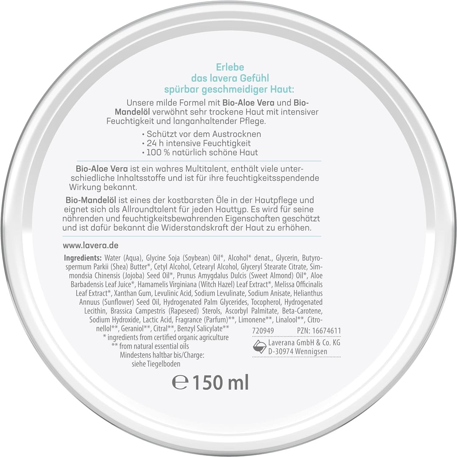 Lavera Basis Sensitiv, cuidado intensivo para pieles secas con Aloe Vera y aceite de almendras, 150 ml Naty Shop