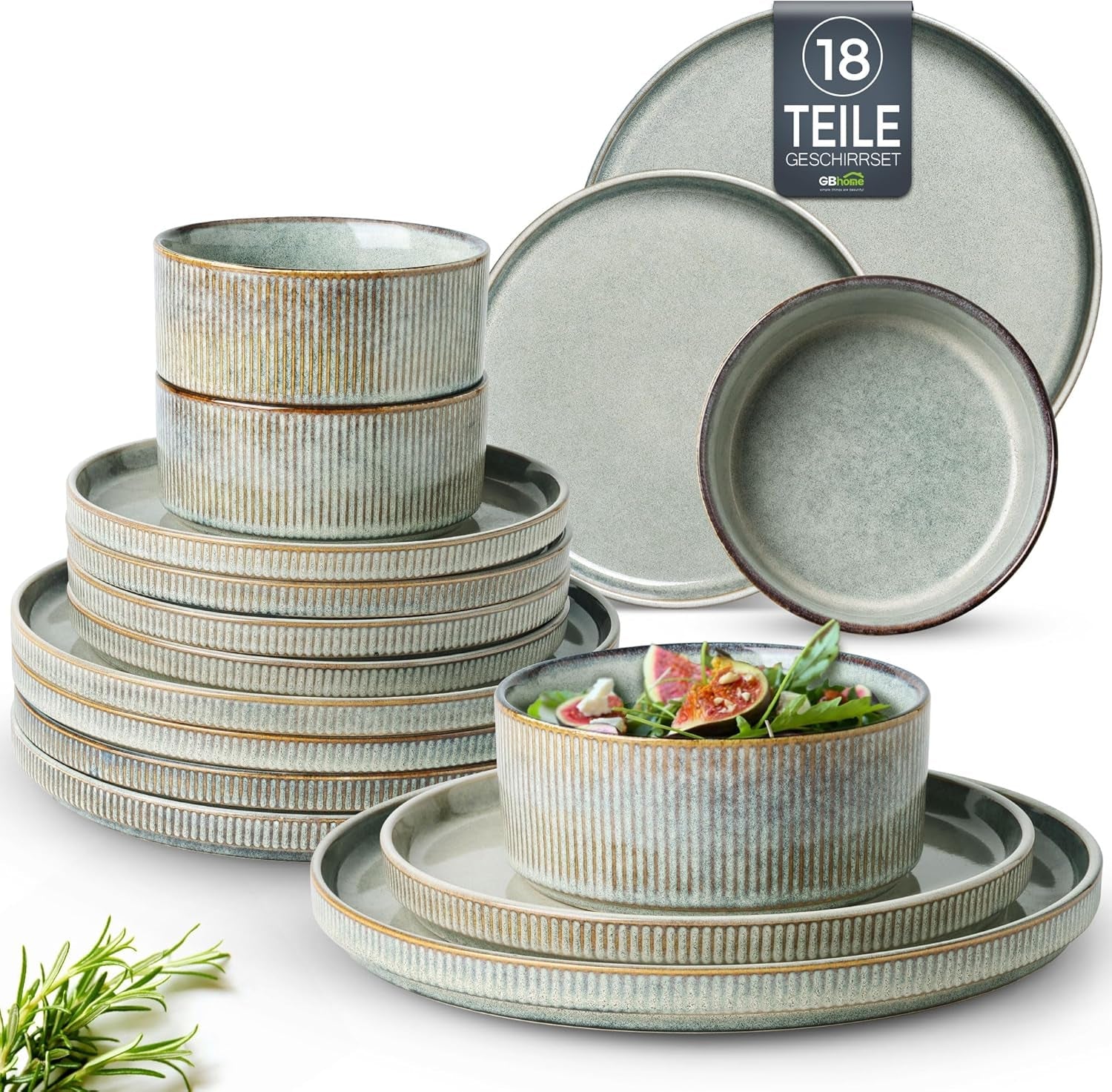 GBhome Juego de vajilla de cerámica para 6 personas, 18 piezas, vajilla de porcelana hecha a mano con esmalte reactivo, apto para microondas y lavavajillas, juego de cuencos y platos