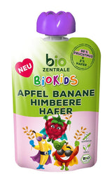 biocentral BioKids Puré de frutas Manzana Plátano Frambuesa Avena | 12 x 90g | Snack frutal sin azúcares añadidos | vegano
