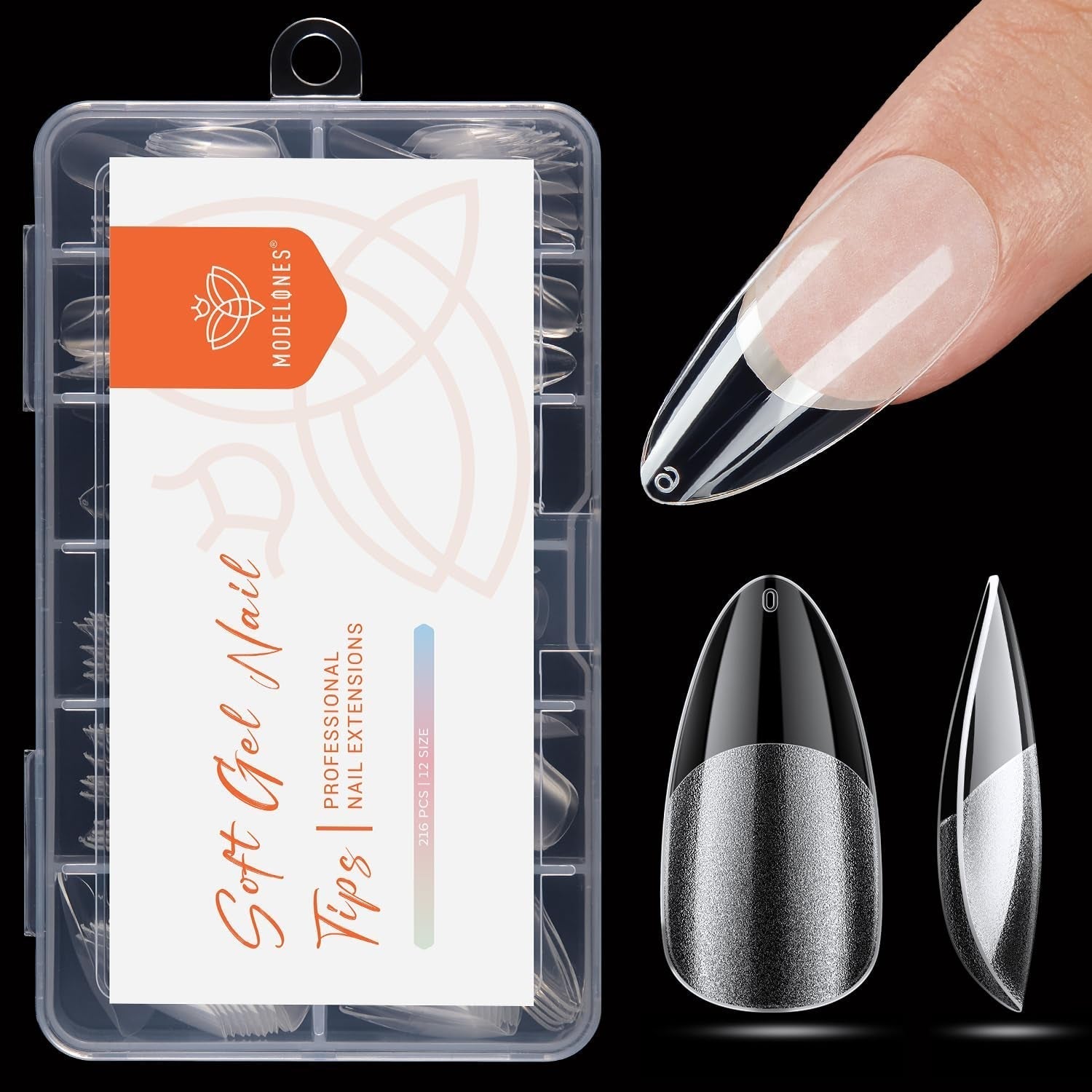 Modelones Puntas de Uñas 216 Piezas - Juego de Puntas de Uñas de Cobertura Completa, Juego de Puntas de Gel Suave, Puntas de Uñas de Resina PMMA Prepulido, Pegamento DIY en Uñas Artificiales, Almendras Cortas XS