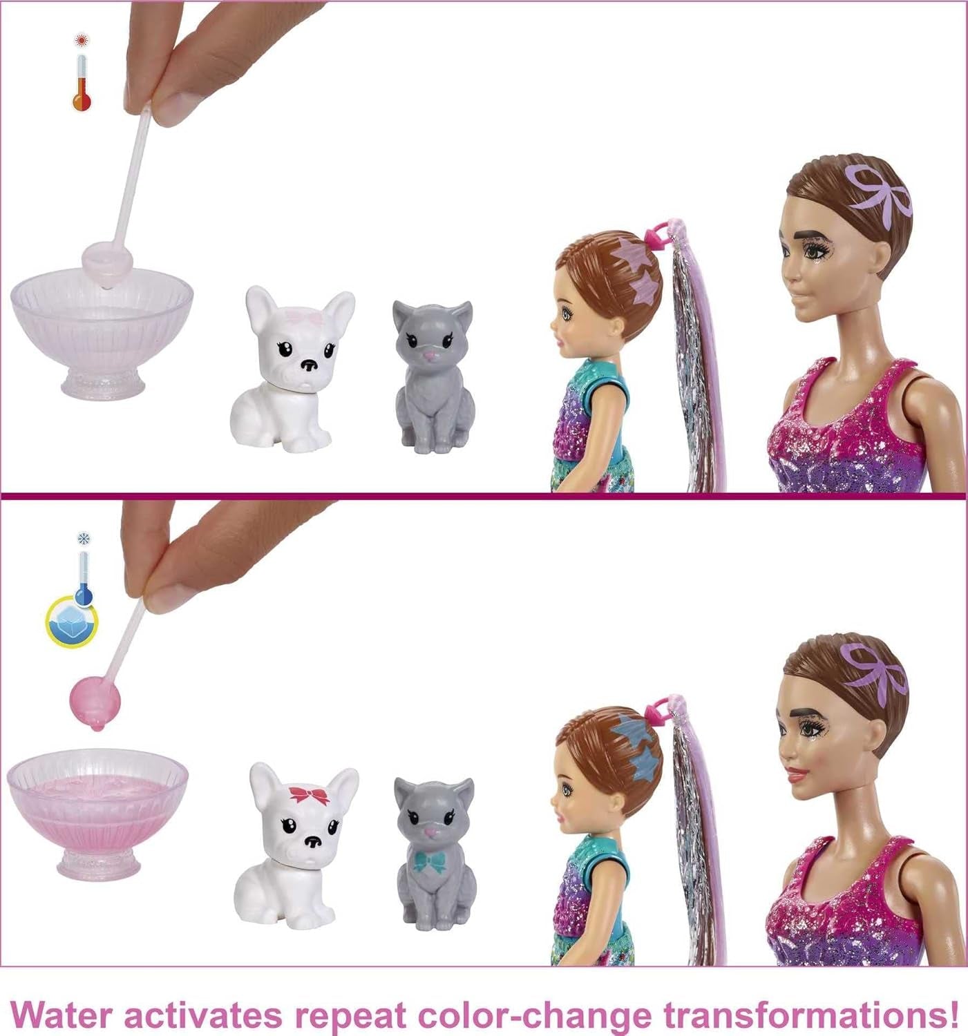 Barbie GXJ88 - Fiesta Sorpresa con Revelación de Color, +50 Sorpresas: 1 Muñeca, 1 Muñeca Chelsea, 2 Animales, 6 Cambios de Color, Accesorios y Más, Set de Fiesta de Baile, Juguete de Regalo para Niños de 3 años en adelante