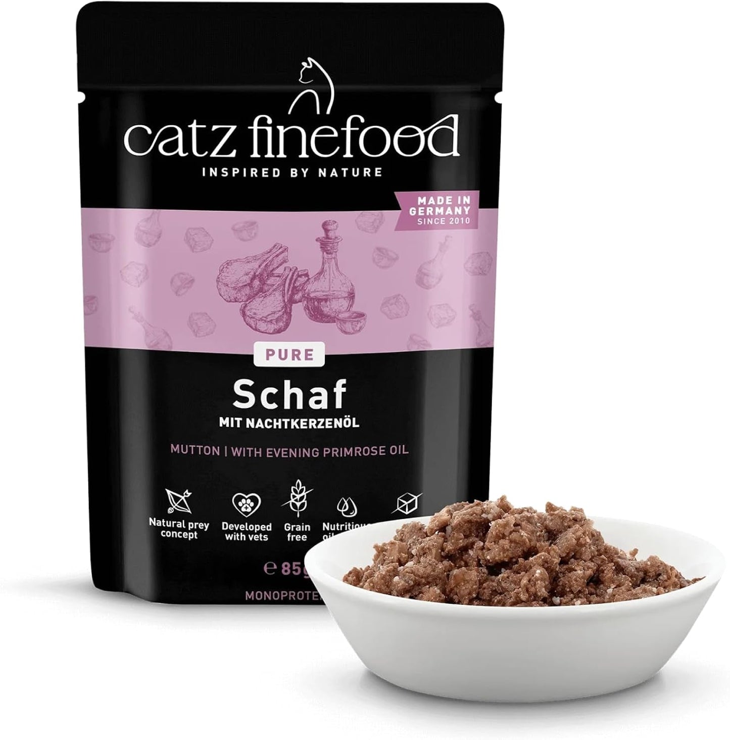 Comida húmeda para gatos Catz Finefood Purrrr Oveja Monoproteína núm. 113, para gatos con digestión sensible, 70% de contenido de carne, 16 sobres de 85 g cada uno