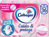 Colcasa Care & Protect Papel higiénico 3 x 12 con tecnología de bloqueo de olores, neutraliza los malos olores, paquete de 36 rollos, 3 capas, rollos rosas con aroma fresco