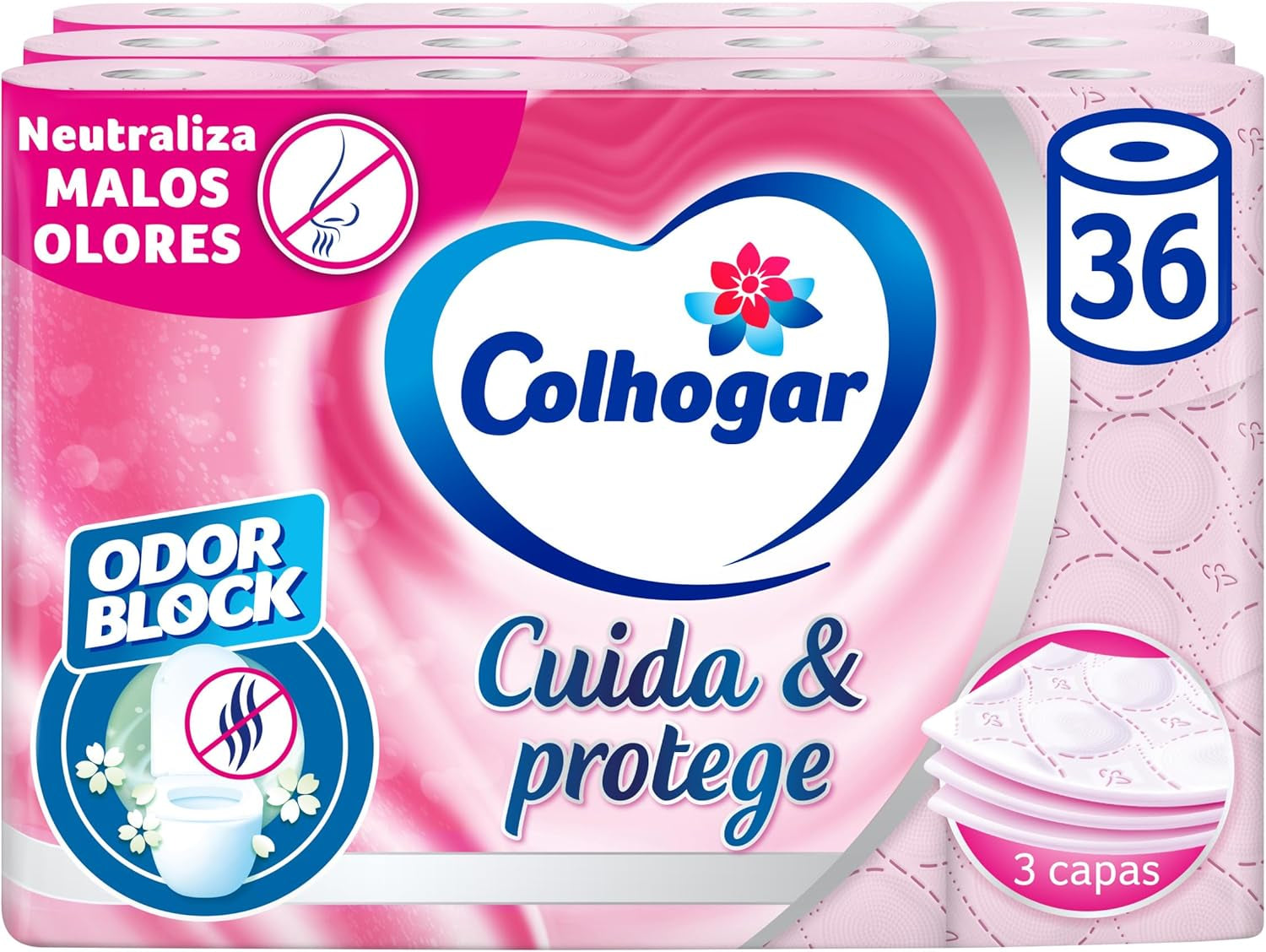Colcasa Care & Protect Papel higiénico 3 x 12 con tecnología de bloqueo de olores, neutraliza los malos olores, paquete de 36 rollos, 3 capas, rollos rosas con aroma fresco