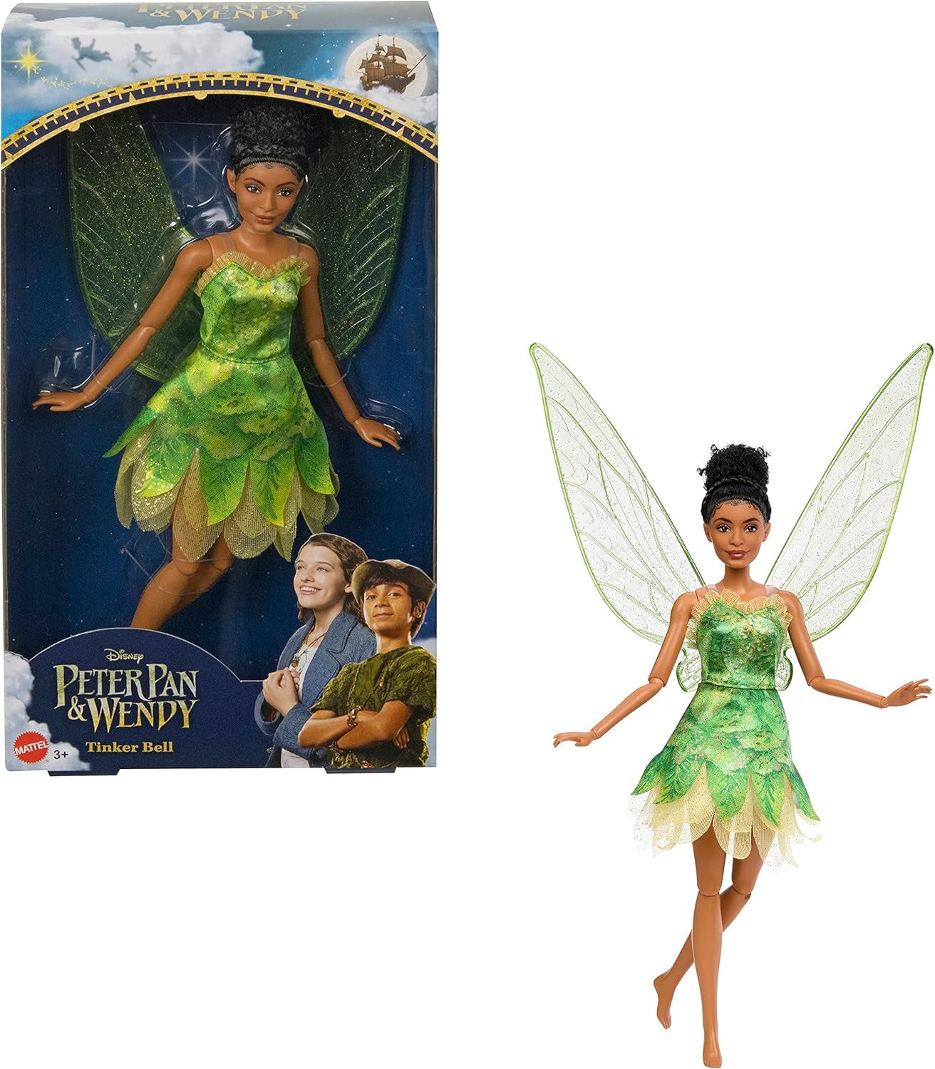 Muñeca Disney Peter Pan y Wendy Tinker Bell con alas móviles y vestido verde, regalo inspirado en la película para que los niños recrean escenas o sus propias aventuras HNY37