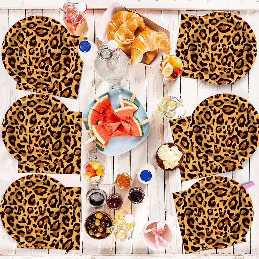 Patrón de leopardo Party Geschirr Kindergeburtstag Deko Geburtstag Party Geschirr Dschungel Pappteller Becher Servietten Babyparty Tischdeko Set