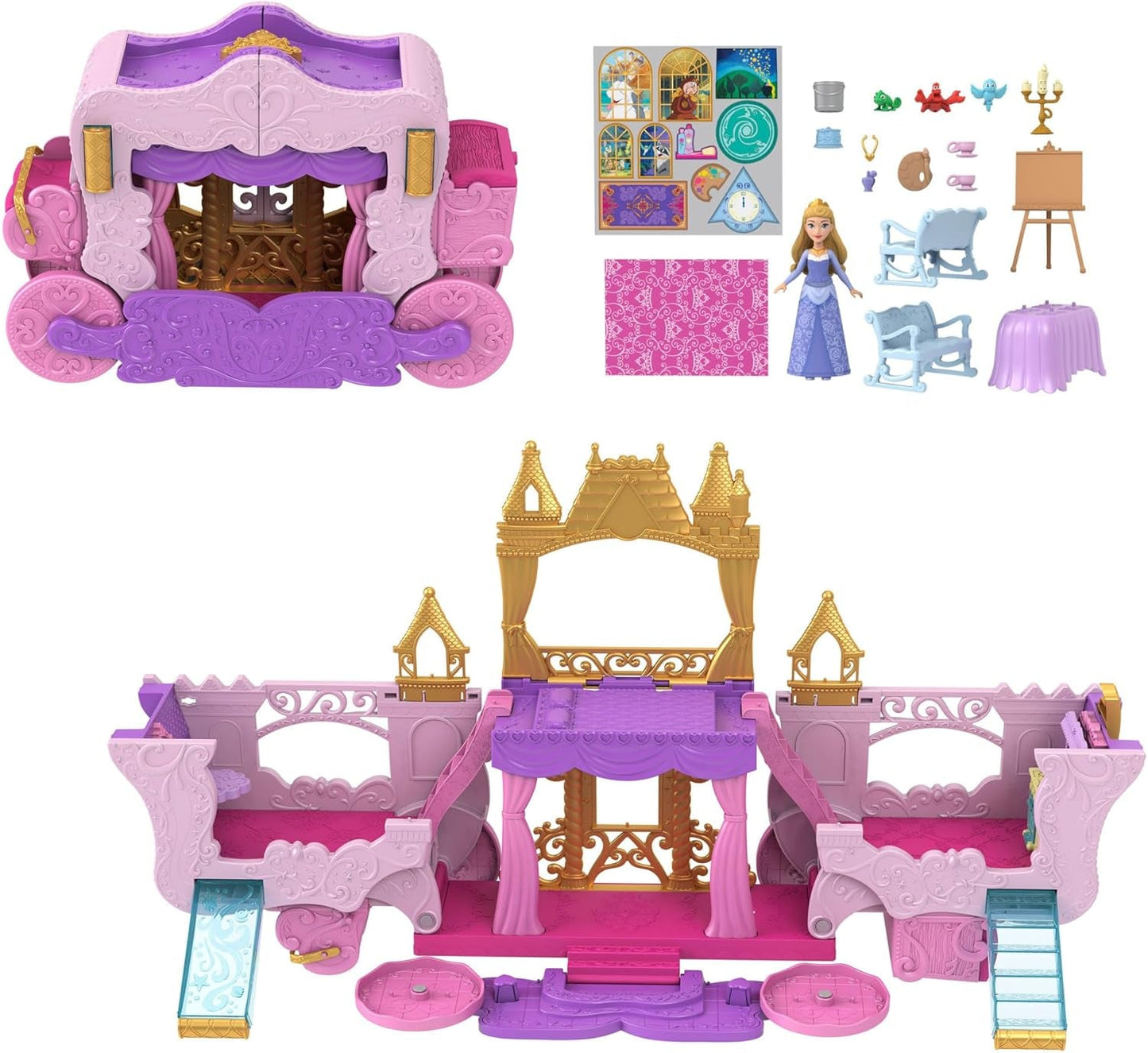 Mattel Disney Princess Playset Transformable Carruaje al Castillo con Muñeca Little Aurora, 3 Niveles, 6 Áreas de Juego, 4 Figuras, Muebles y Accesorios HWX17 Muñecas Naty Shop Multicolor