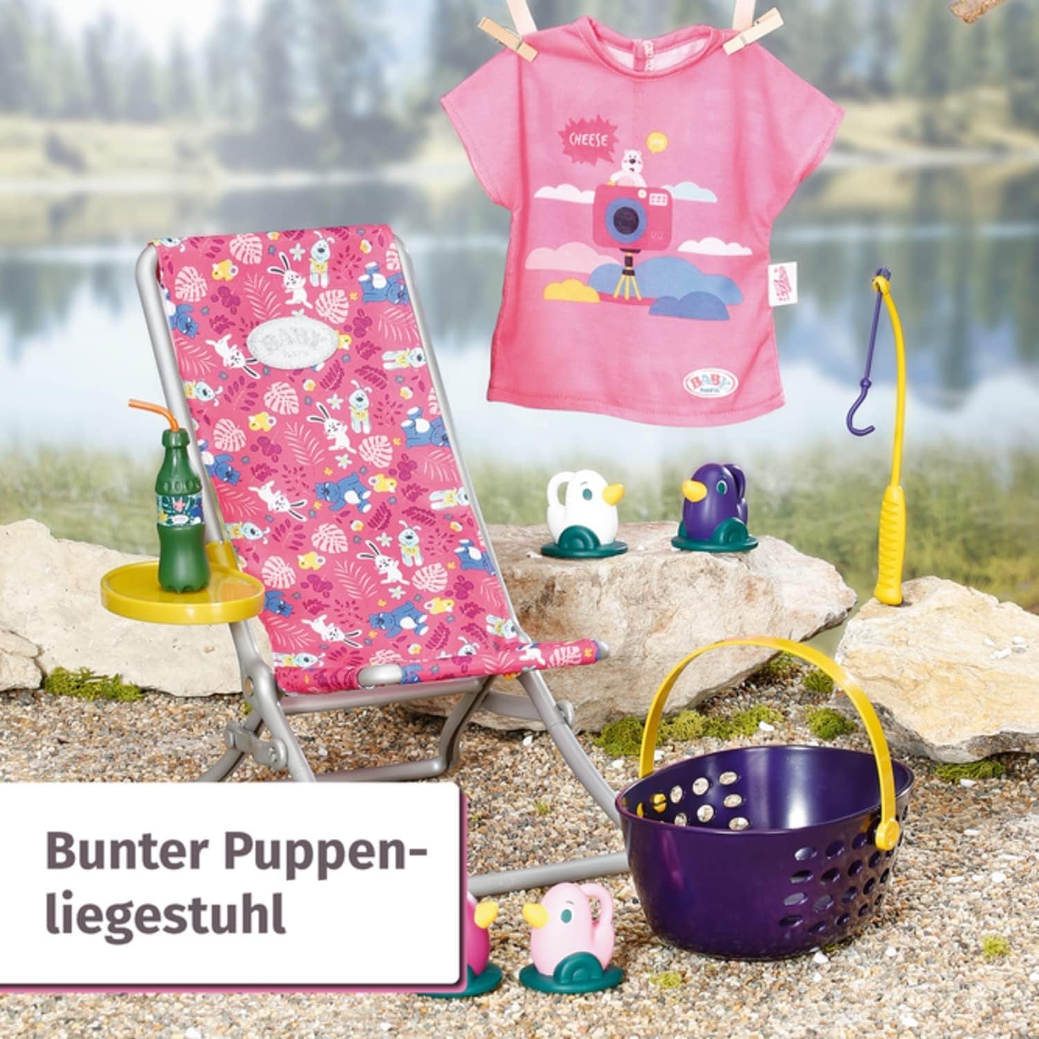 BABY born 832790 Weekend Fishing - Juego de accesorios para muñeca de pesca con tumbona, mesa auxiliar, vaso, cesta, patitos y caña de pescar y camiseta larga rosa, rosa