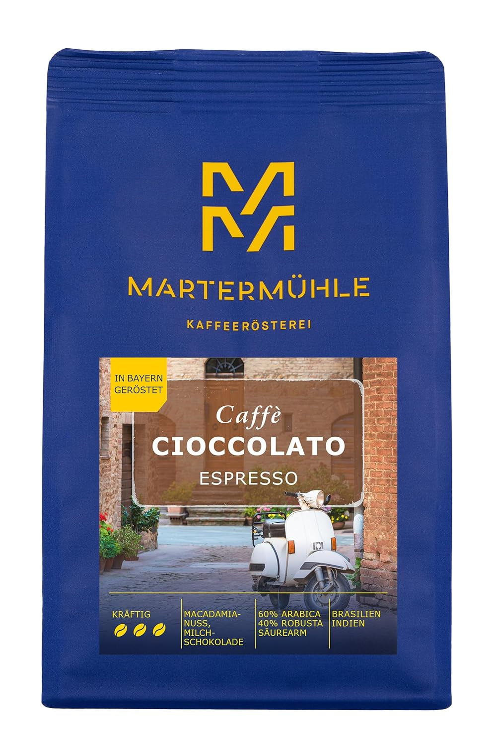 Granos de espresso Martermühle Cioccolato 500g Fuerte | Arábica/Robusta | Sabores: Nueces de macadamia, chocolate con leche | Granos de espresso enteros ligeramente tostados, baja acidez