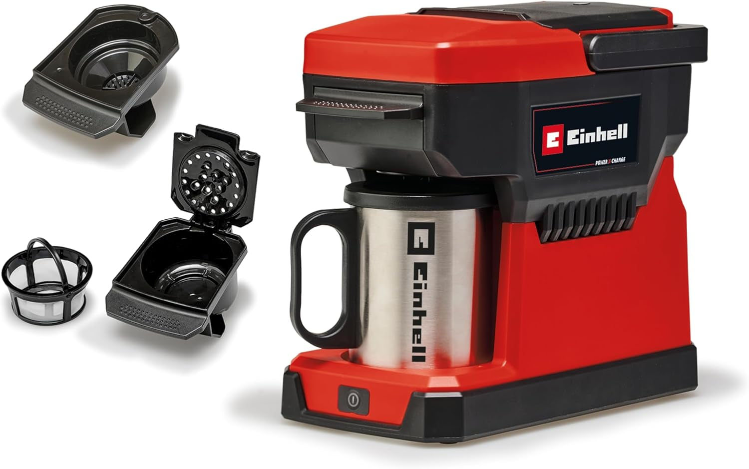 Cafetera espresso inalámbrica Einhell TE-CF 18 Li-Solo Power X-Change (18 V, depósito de agua de 240 ml, para café filtrado y cápsulas de café, asa de transporte, incl. taza de café con tapa, sin batería)