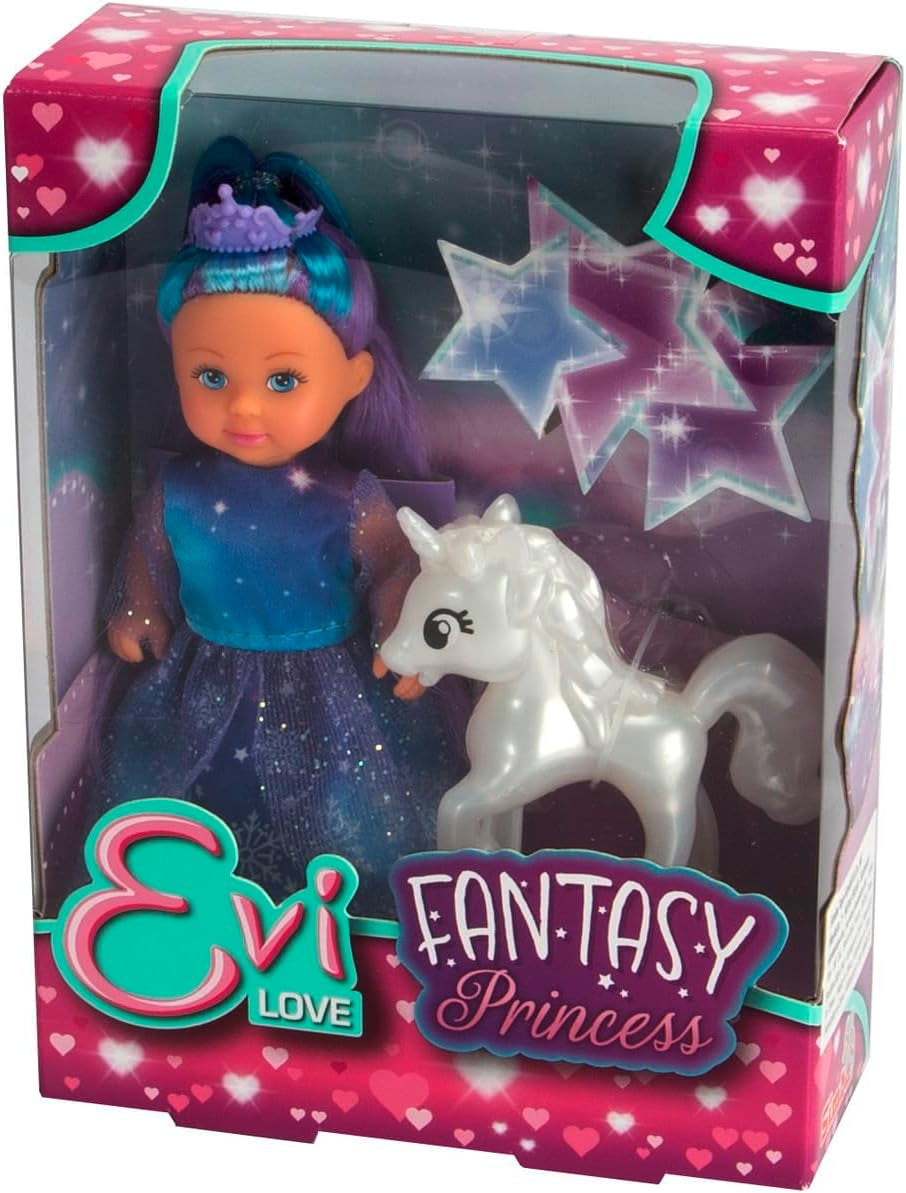 Muñeca Simba Evi Princess Fantasy of Love con un vestido de cuento de hadas y un unicornio brillante Muñeca de juego de 12 cm a partir de 3 años