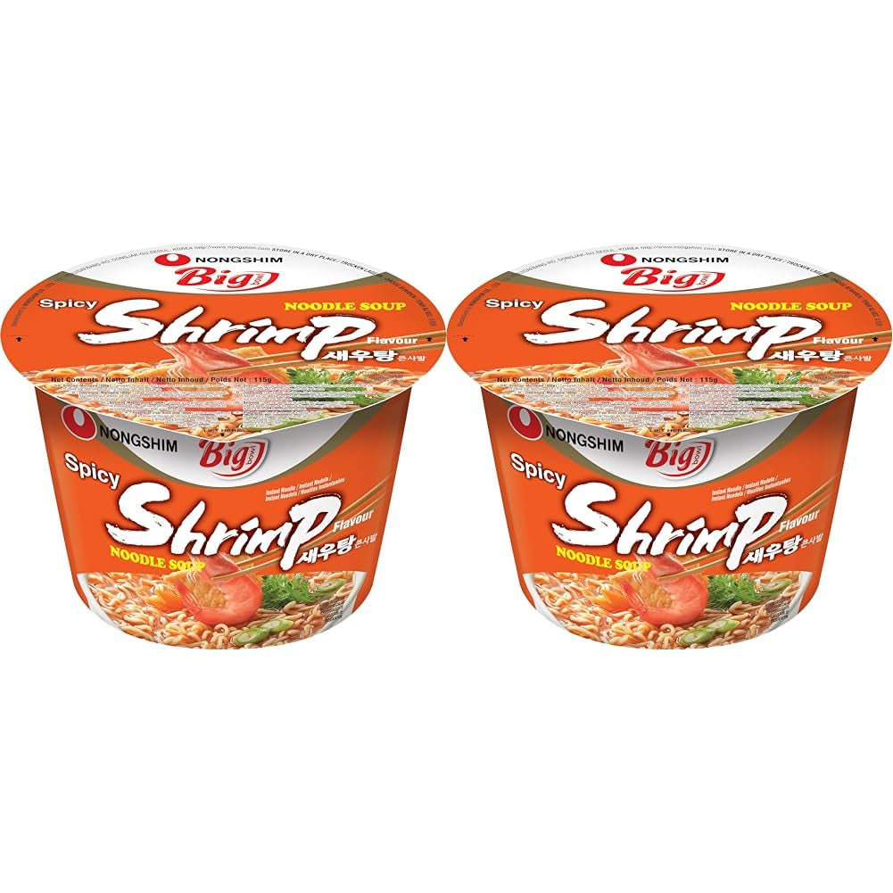 Fideos instantáneos Nong Shim con camarones, tazón grande - Sopa de ramen coreana - Preparación rápida - 115 g (1 paquete)