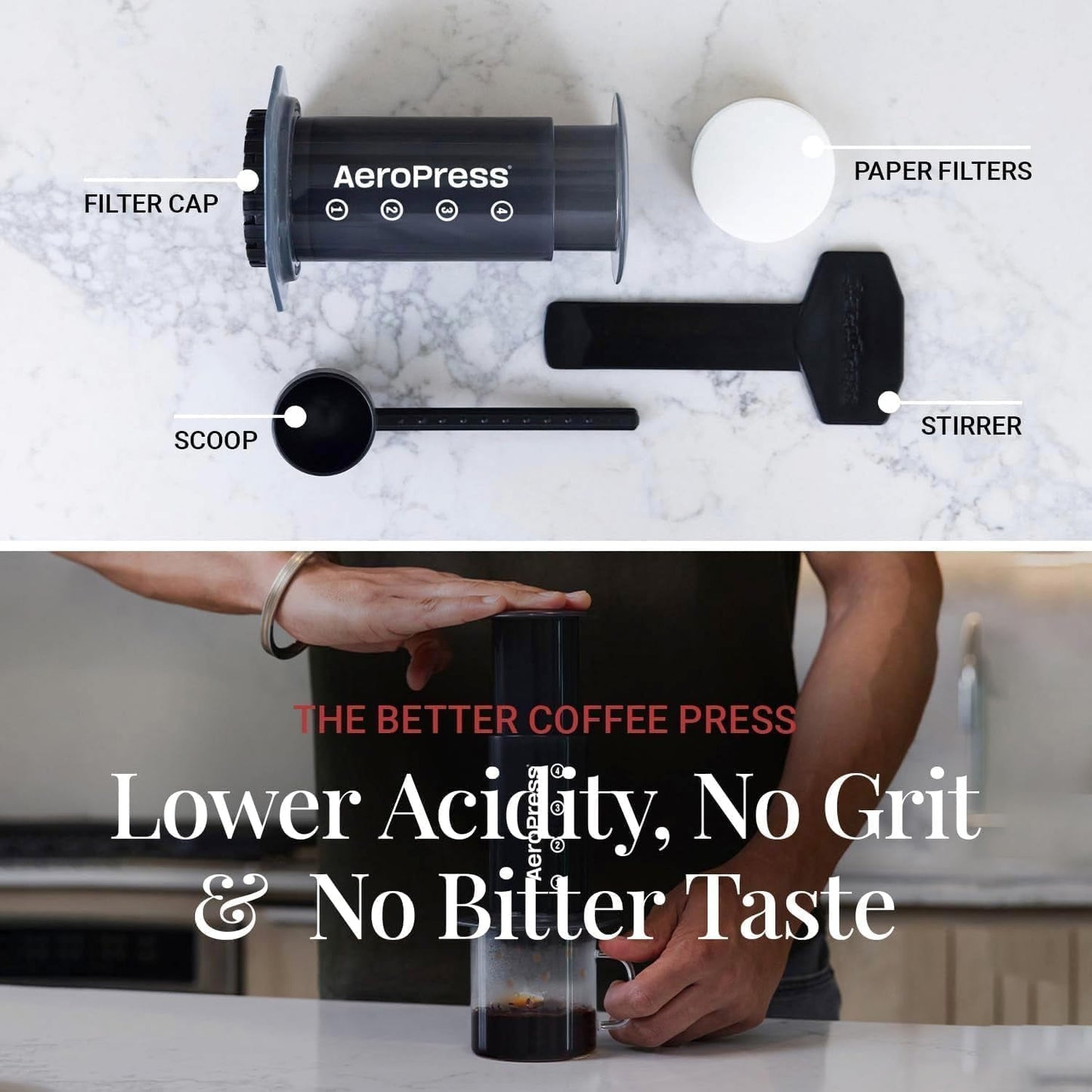 AeroPress Original Cafetera y Espresso, Cafetera Portátil Nivel Barista con Cámara, Émbolo y Filtros, Cafetera Rápida y Espresso