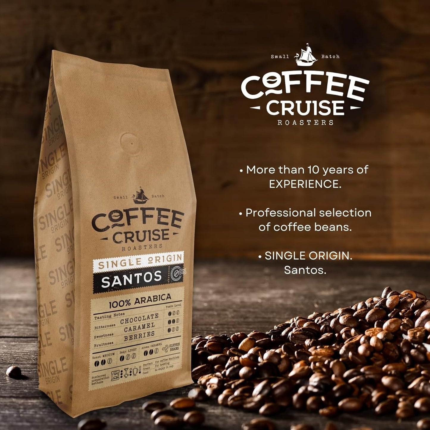 COFFEE CRUISE Santos Kaffeebohnen 1kg - Mittlere Röstung - Aroma Caramel - Für All Kaffeemaschinen - 100% Árabe