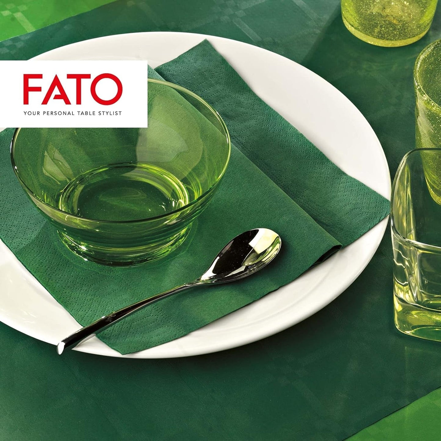 , Servilletas de papel desechables, ideales para almuerzos informales y buffets, paquete de 50 servilletas, tamaño 33X33, 4 pliegues, 2 capas, verde bosque, papel de celulosa 100% pura, certificado Fsc