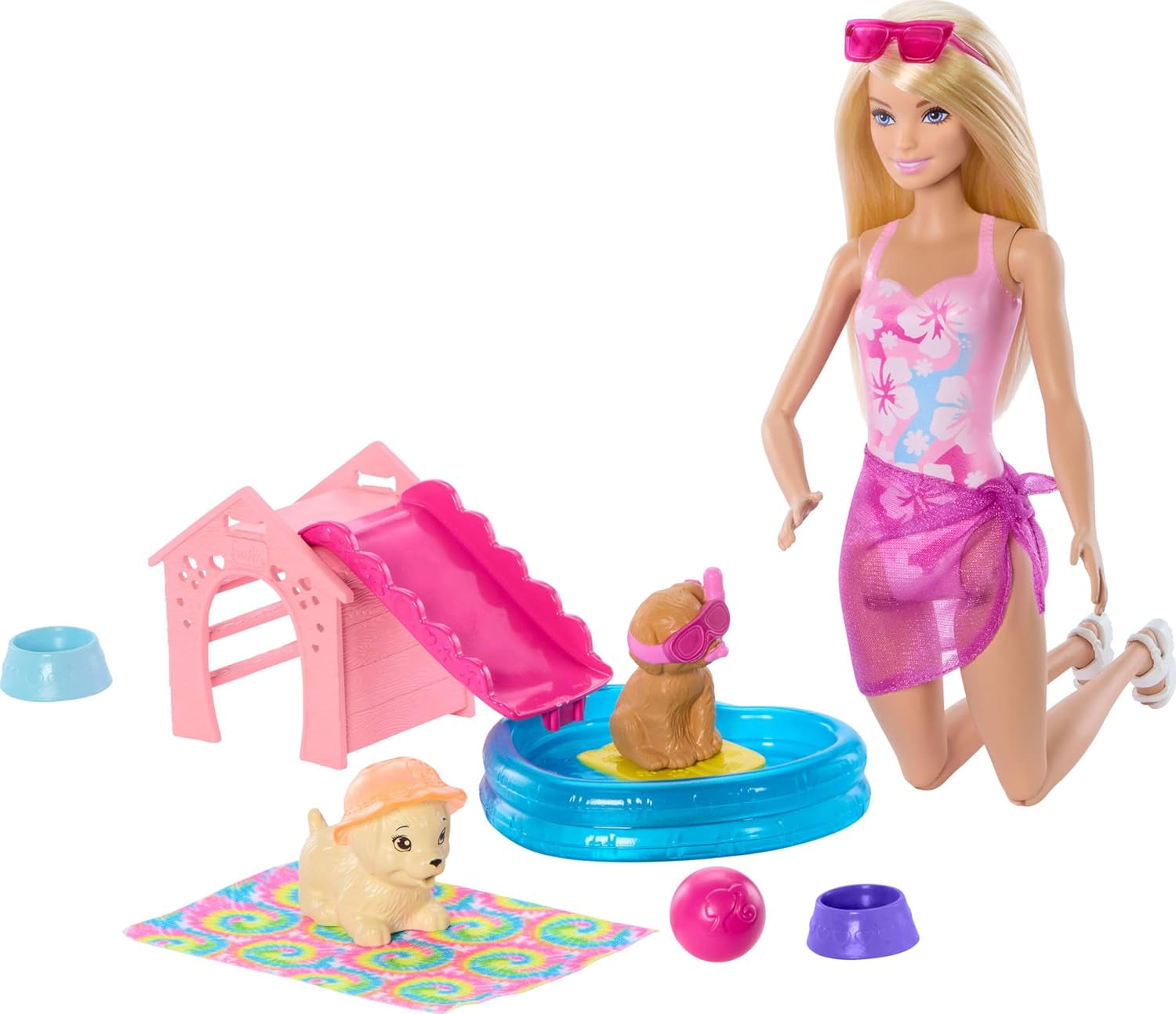 Barbie Puppy Pool Party Playset con muñeca de moda, casa para perros y tobogán, piscina con forma de corazón, 2 figuras de perros, 6 accesorios y cambiador de color, JBF35