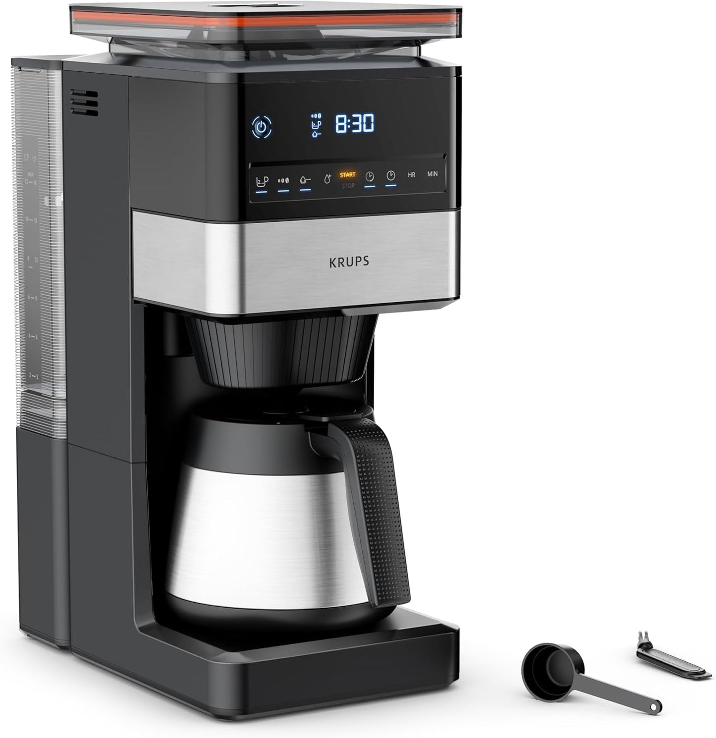 KRUPS Grind Aroma XL Cafetera espresso, Molinillo cónico desmontable, Panel de control digital, Capacidad XL (1,5 L), Función mantener caliente, Jarra de cristal, Negro/Acero inoxidable, KM842810