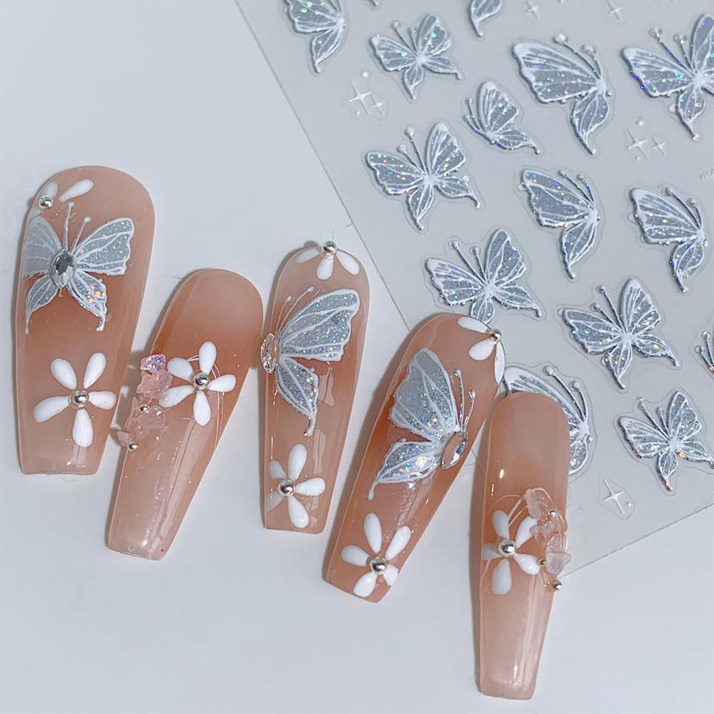Aurora Muschel Schmetterling Nagelsticker Weiß Schmetterlinge Nail Sticker Gelee Relief Butterfly Nagelaufkleber Y2K Mariposas Nagel Sticker Nägel Nageldesign Nagel Zubehör Nail Art Stickers Nailart