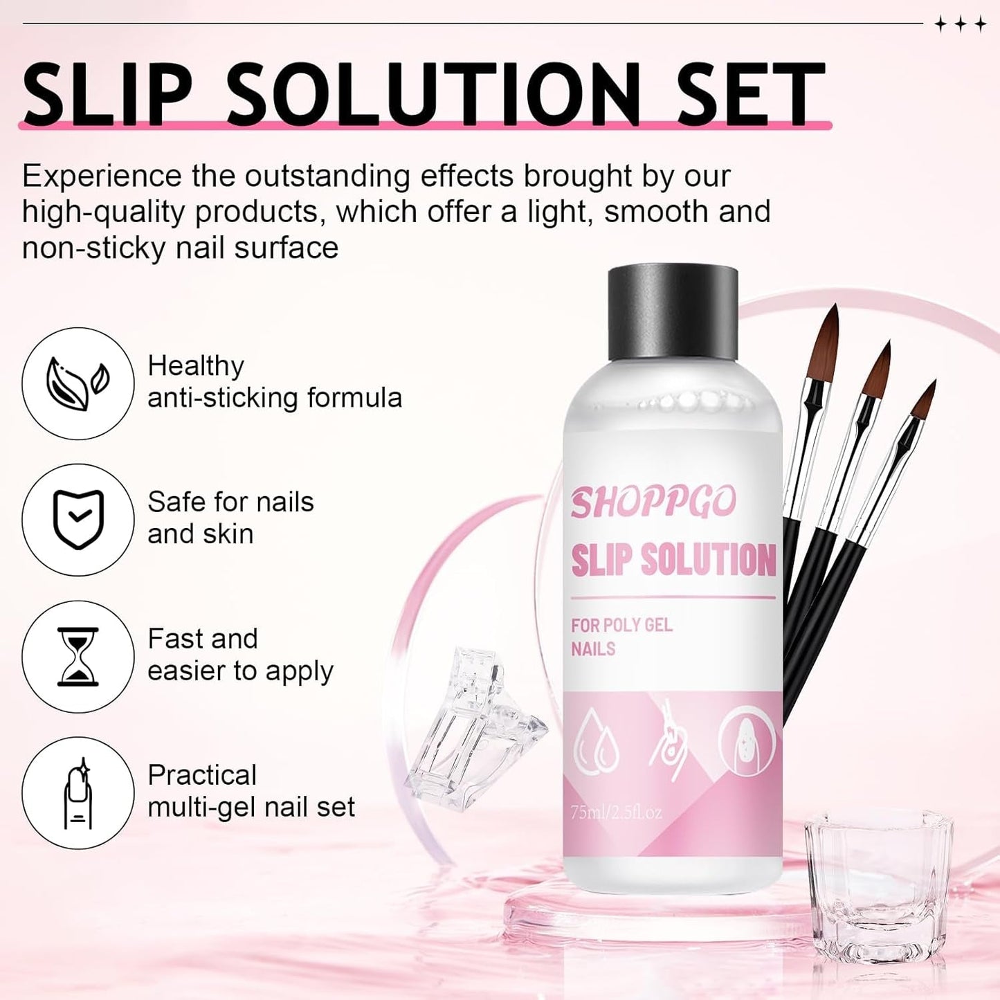 Solución para uñas Polygel, kit para uñas con solución antideslizante Polygel, soluciones líquidas para uñas Polygel de 75 ml, 5 clips para puntas de uñas, 3 cepillos para uñas, 1 vaso de cristal, 100 hojas de limpieza