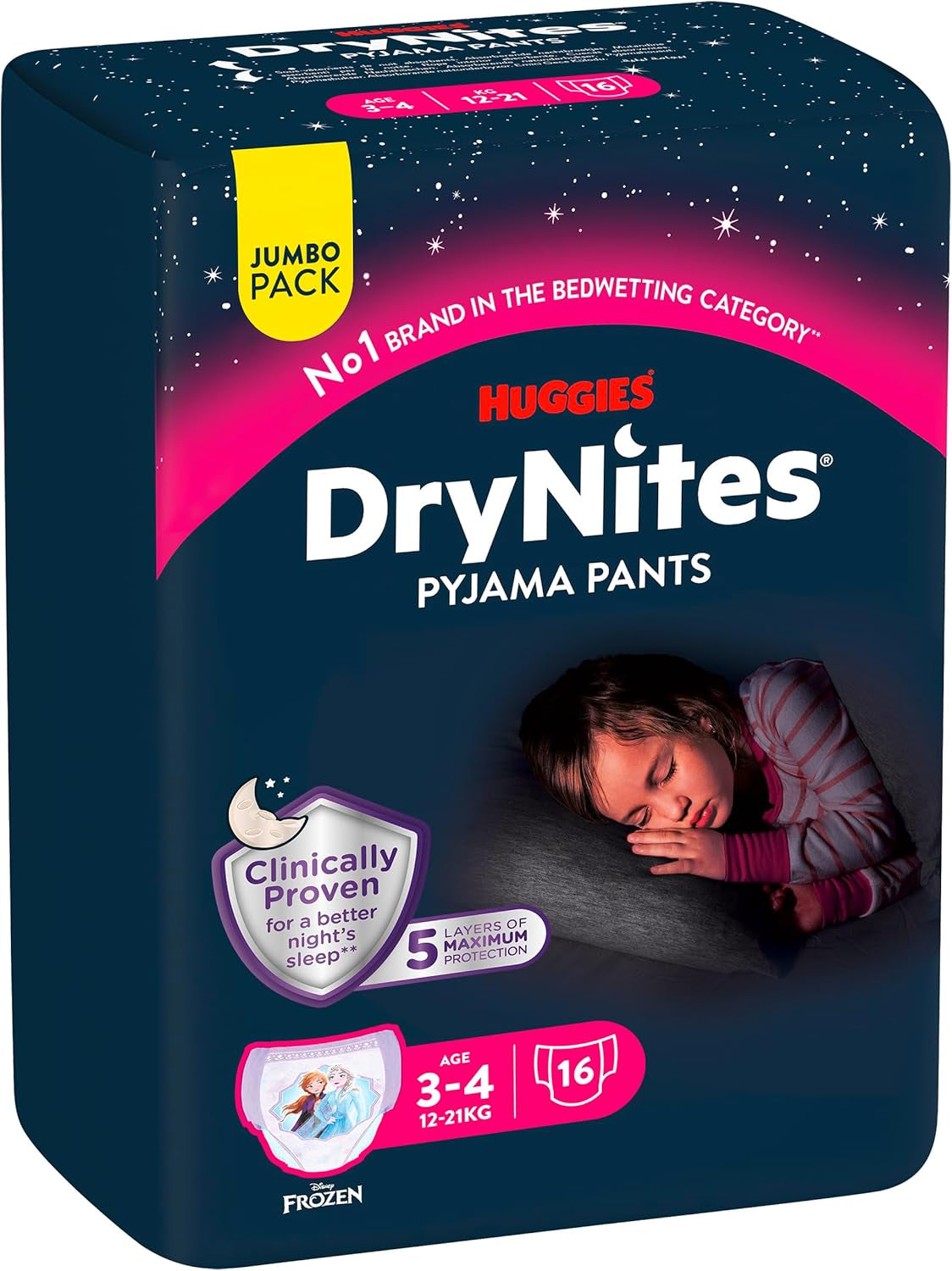 Huggies DryNites Pañales nocturnos súper absorbentes para niñas de 3 a 4 años (12 a 21 kg), paquete de bragas mensuales de 4 x 16 unidades (64 unidades en total)
