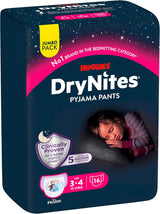Huggies DryNites Pañales nocturnos súper absorbentes para niñas de 3 a 4 años (12 a 21 kg), paquete de bragas mensuales de 4 x 16 unidades (64 unidades en total)