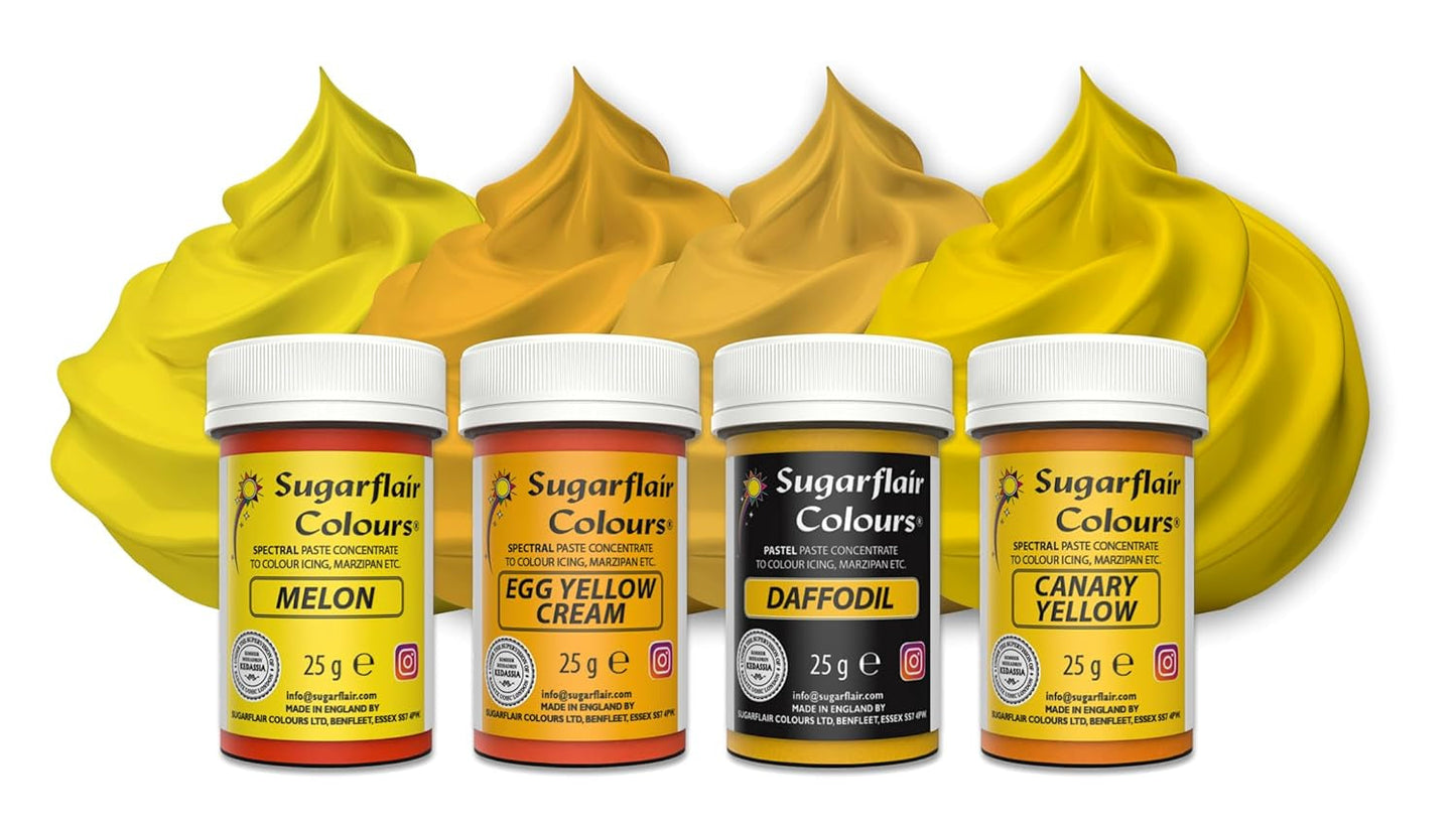 Sugarflair pasta colorante alimentario amarillo juego de 4 pasta colorante alimentario fondant mazapán pasta de azúcar crema de mantequilla y más: narciso amarillo canario crema huevo melón juego de 4
