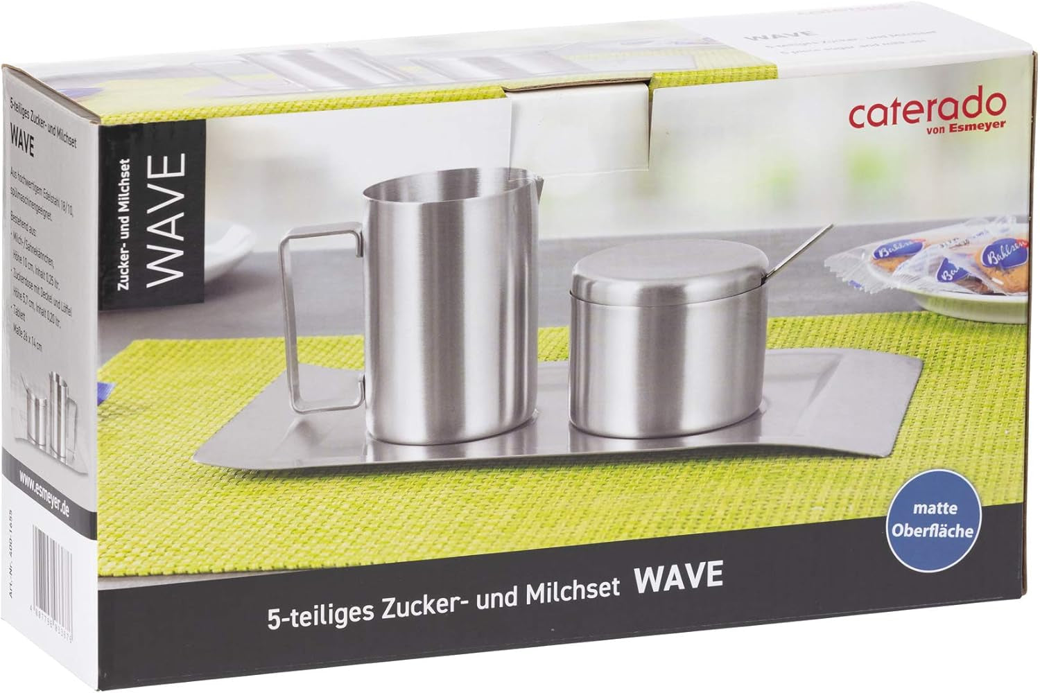 Juego de 4 recipientes para leche y azúcar, modelo Wave, 400-1655, fabricados en acero inoxidable 18/10 cepillado. El set consta de una bandeja de cada uno.