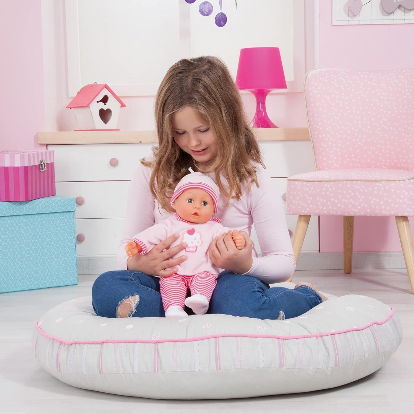 Muñeca First Words con ojos soñolientos, habla 24 sonidos de bebé, con muñeco y biberón, 38 cm, rosa/rayas Naty Shop Muñecas