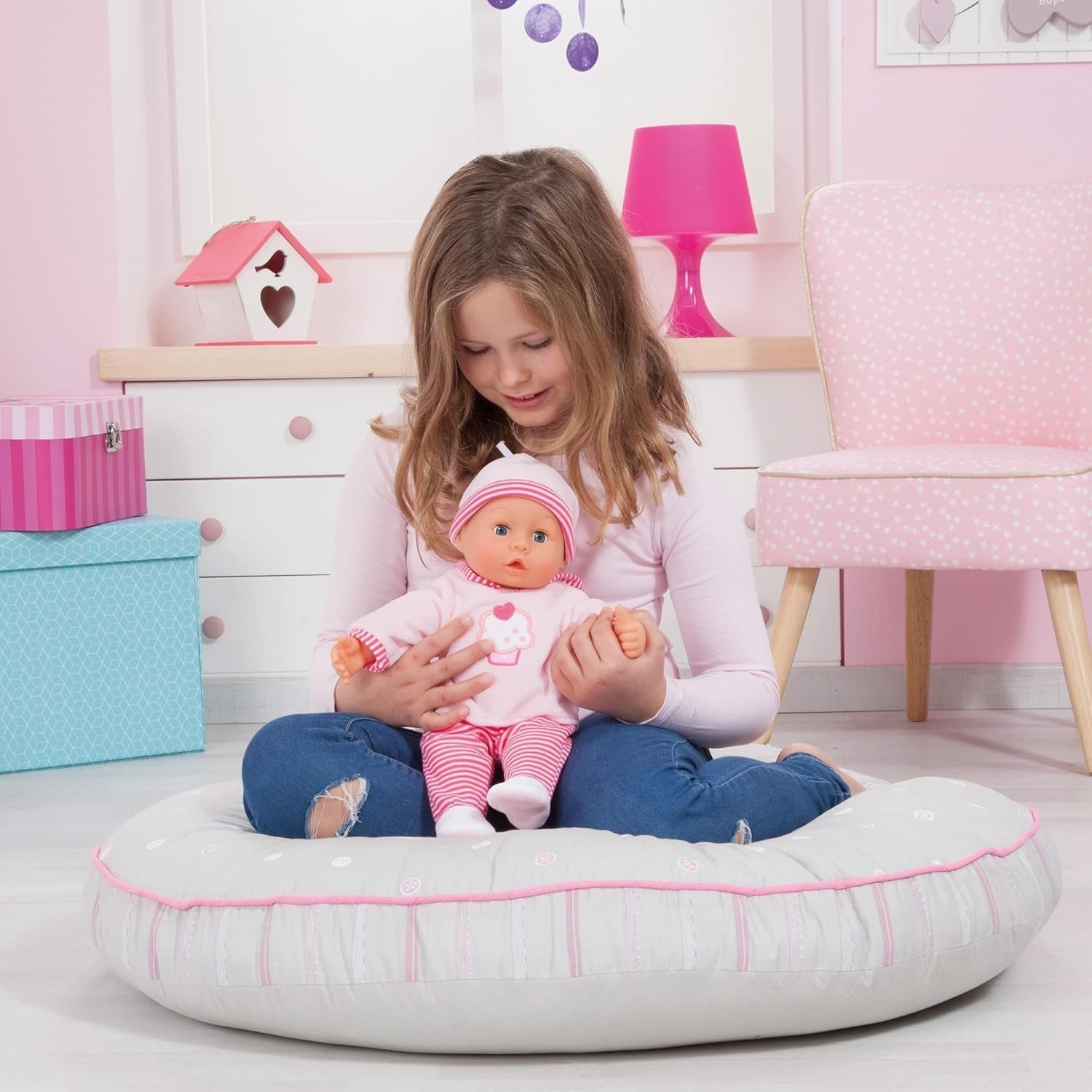 Muñeca First Words con ojos soñolientos, habla 24 sonidos de bebé, con muñeco y biberón, 38 cm, rosa/rayas Naty Shop Muñecas