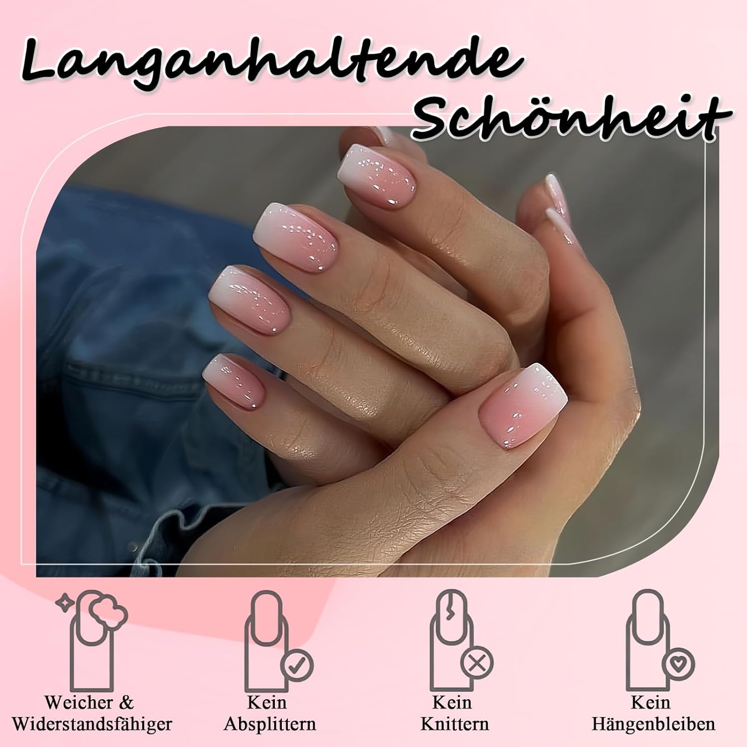 Kit de 360 ​​Piezas de Uñas Postizas - Uñas Postizas Degradadas Cortas, Color Rosa Desnudo y Blanco - Pegamento Cuadrado en Uñas Postizas - Uñas Autoadhesivas Brillantes de Cobertura Completa para Mujeres y Niñas (Cuadrado)