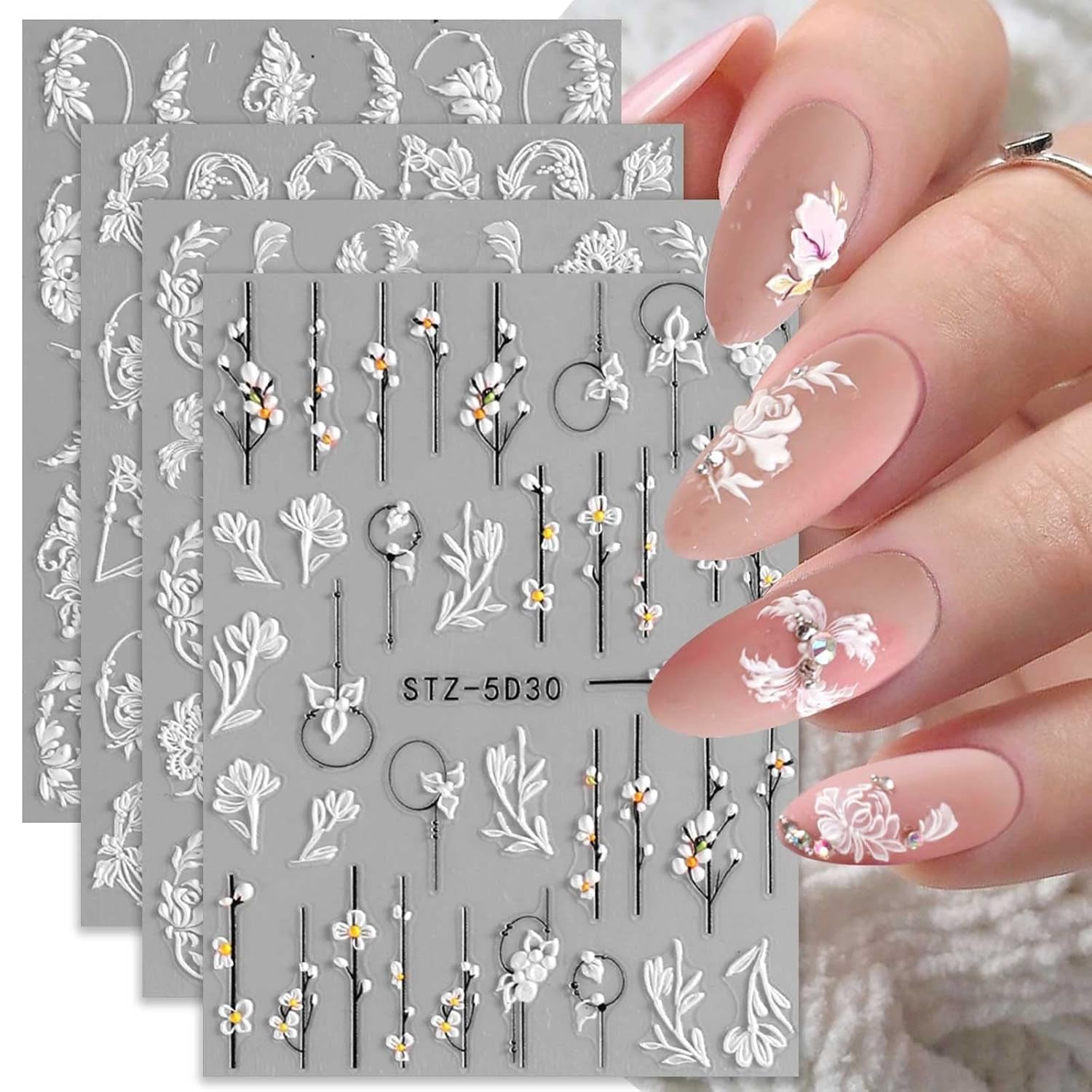4 Blatt 3D Nagelsticker Frühling Blume Nagelaufkleber 5D Stereoskopisch Selbstklebend Nail Art Sticker Decoración Nageldesign Zubehör